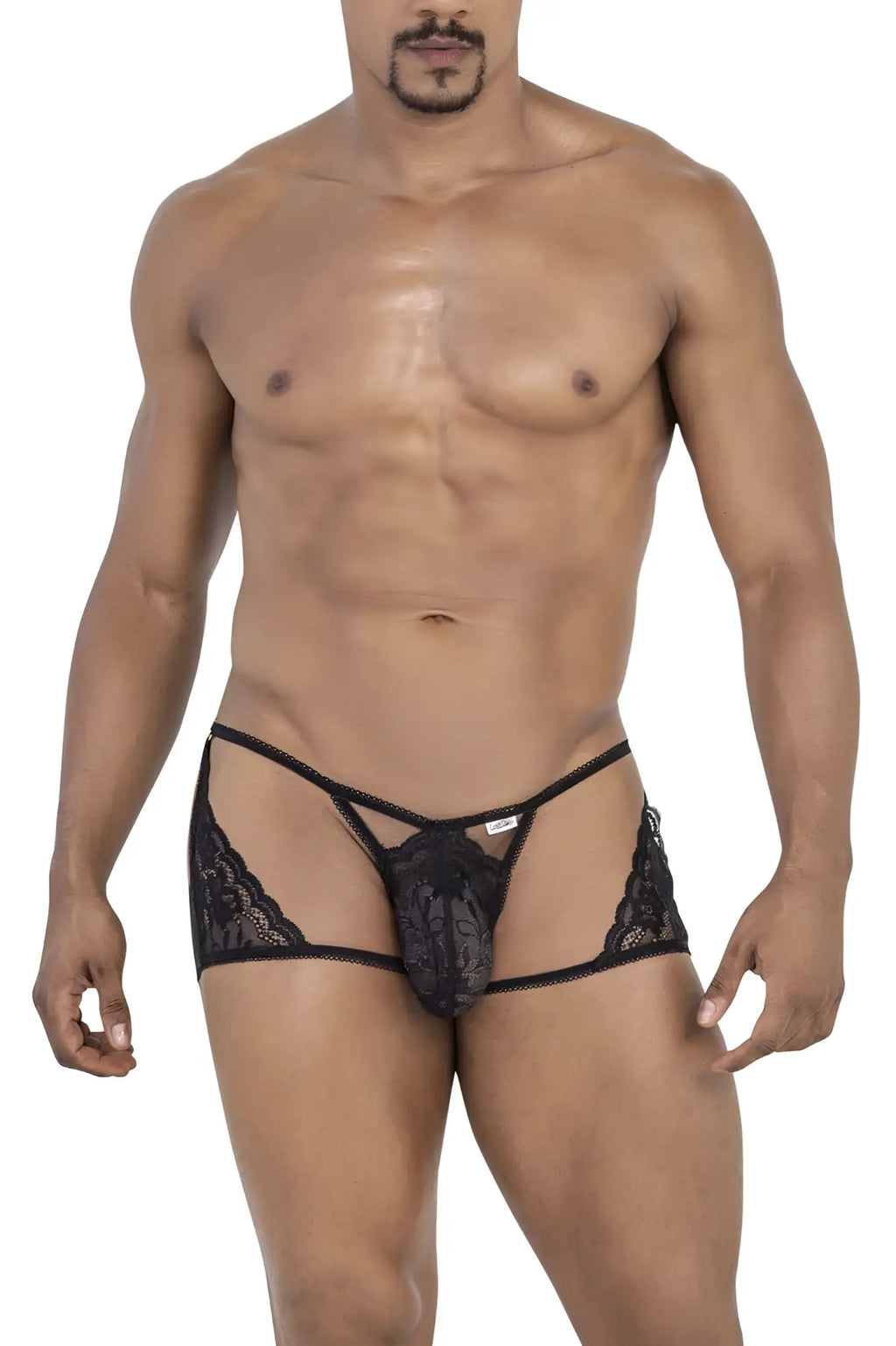 Black candyMan 99773 lace thong with intricate floral patterns and central mesh panel