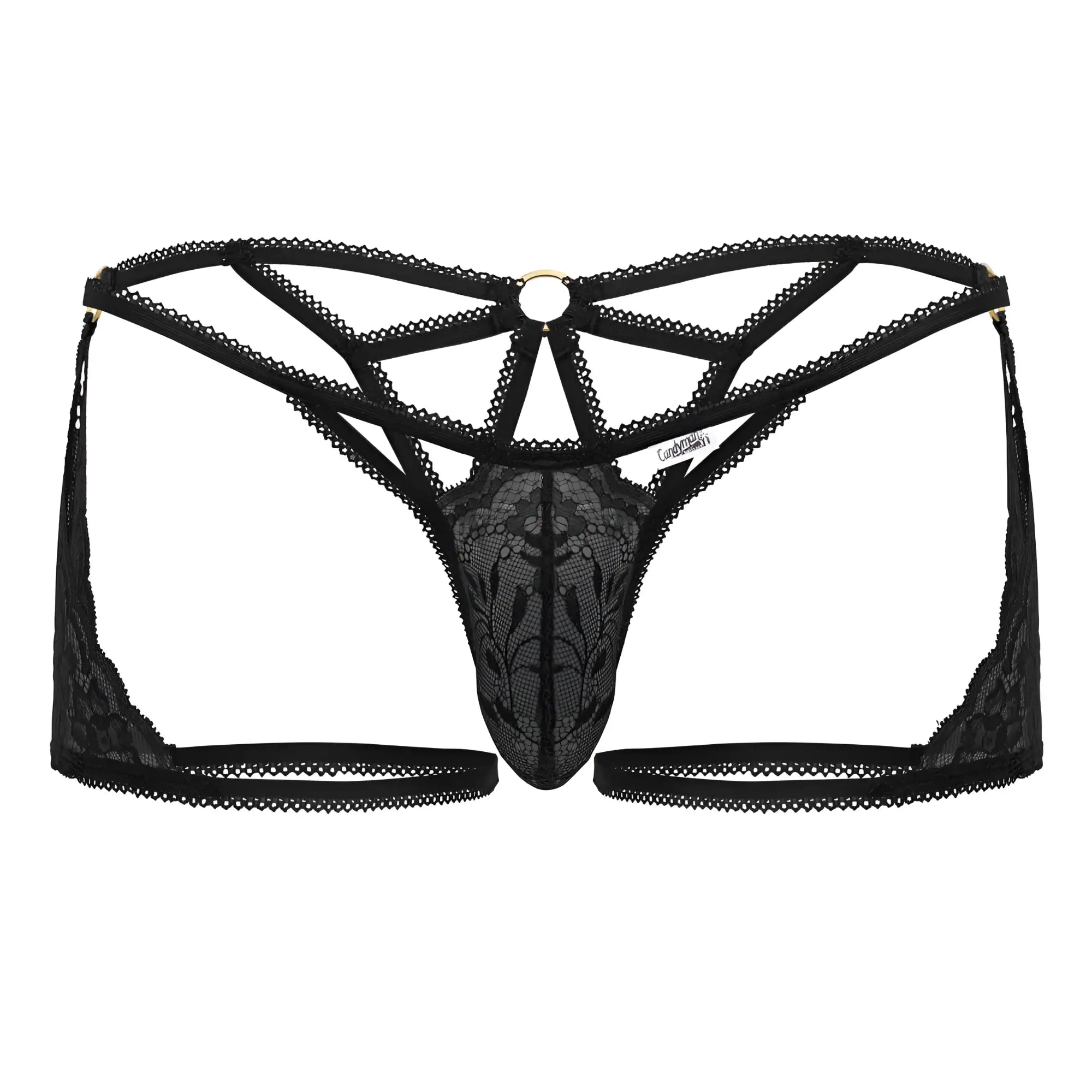 Back view of candy man 99773 black lace thong with intricate floral patterns and central circular metal ring