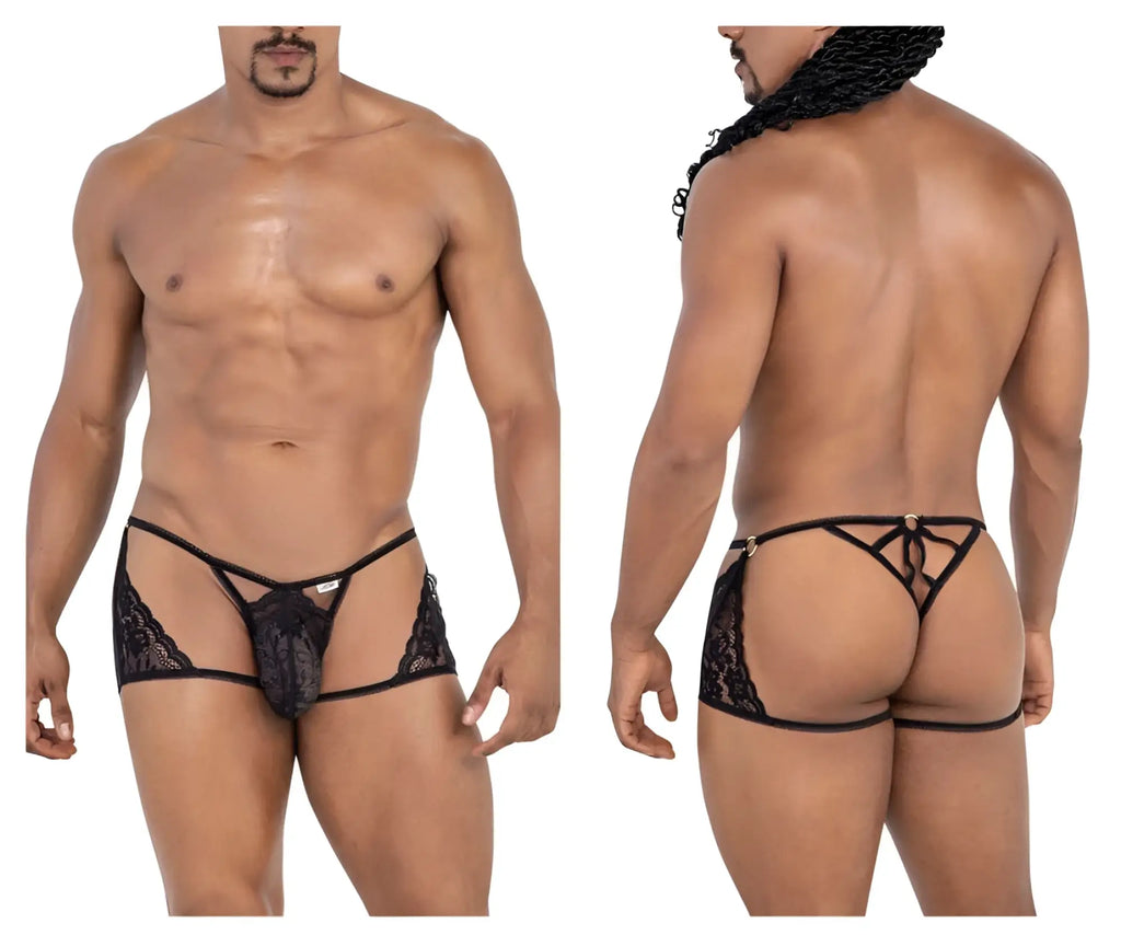 Black lace thong candyMan 99773 with sheer mesh and adjustable back ties shown from the back side
