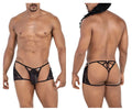 Black lace thong candyMan 99773 with sheer mesh and adjustable back ties shown from the back side