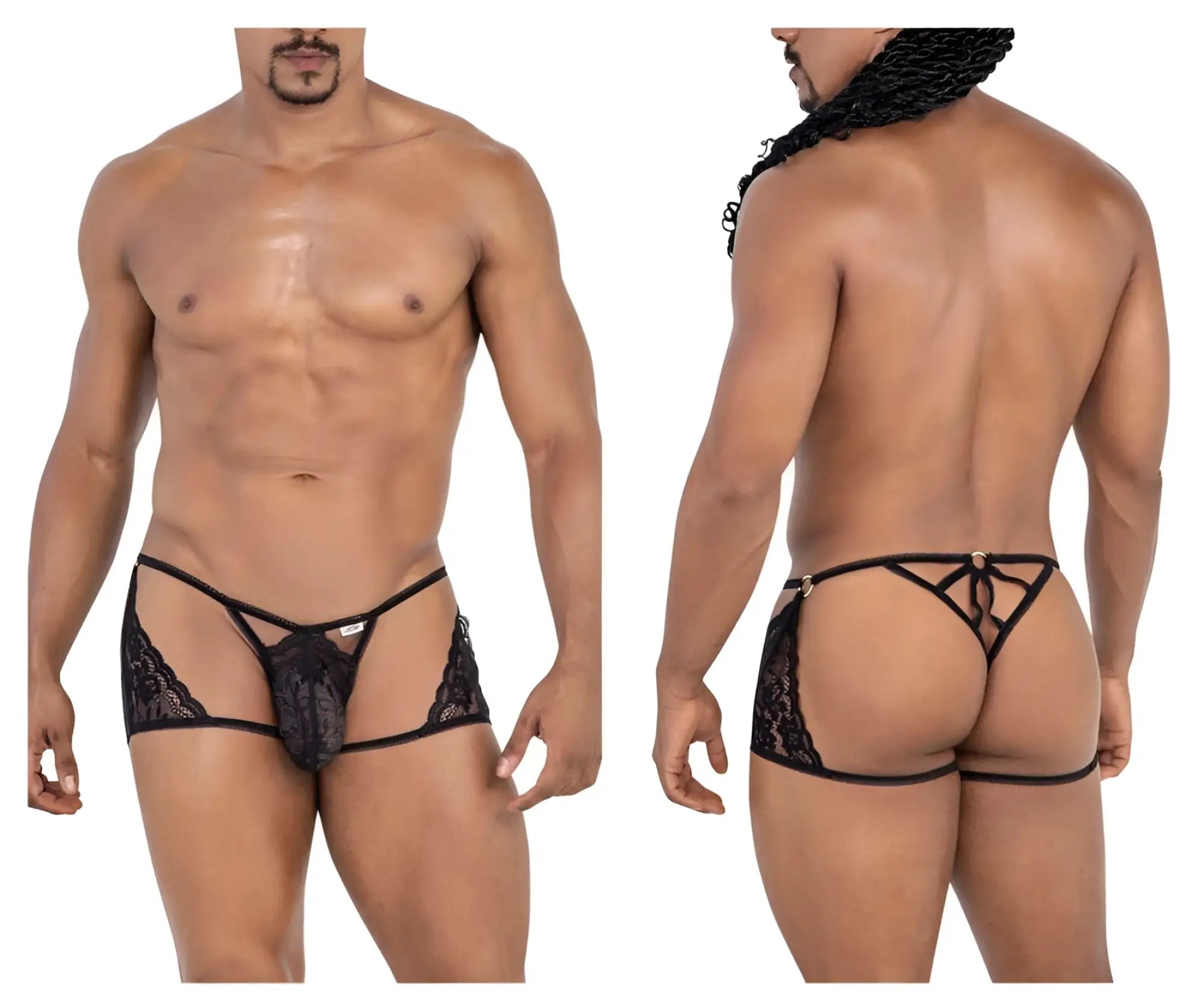 Black lace thong candyMan 99773 with sheer mesh and adjustable back ties shown from the back side