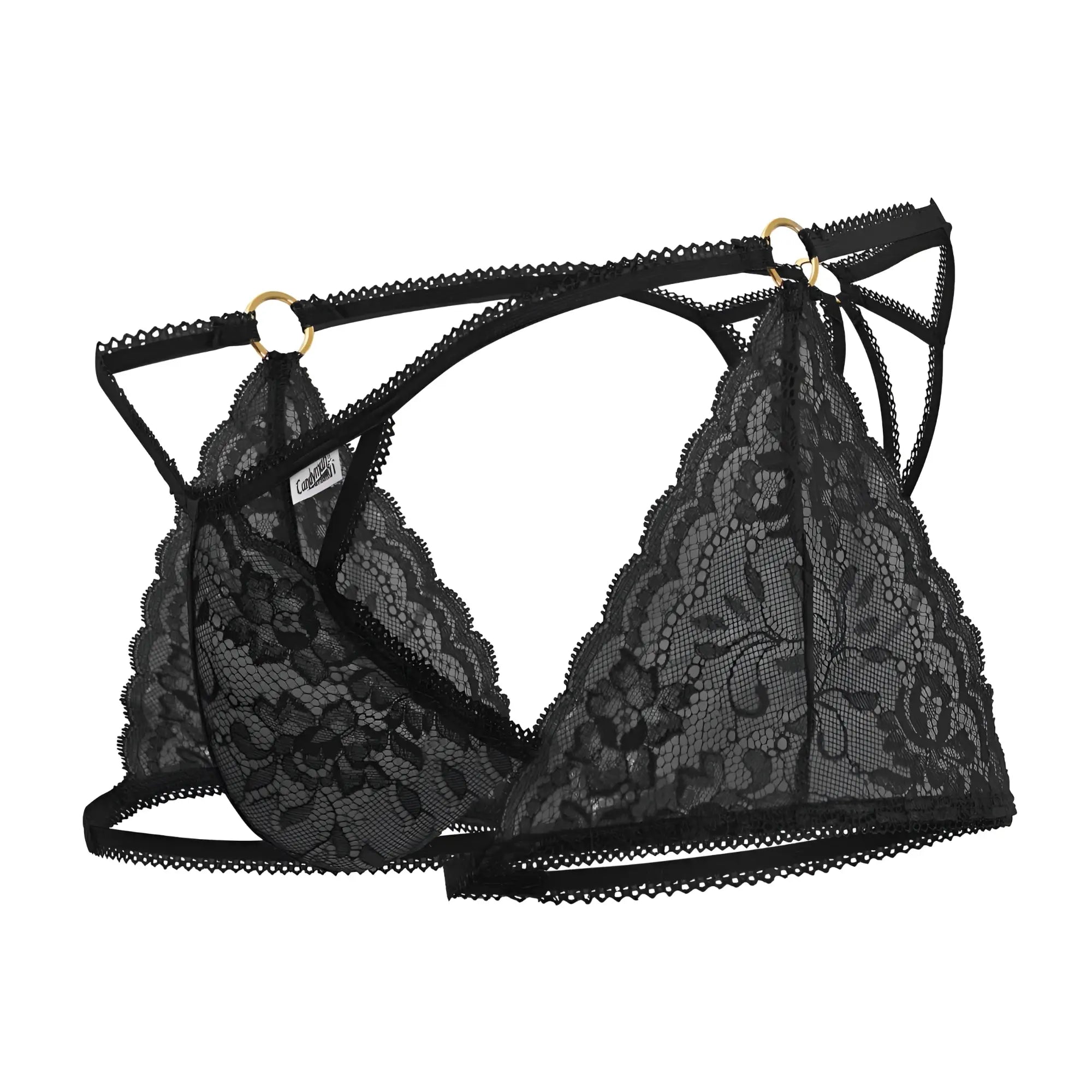 Black lace triangle bra with gold toned metal rings and adjustable straps from candyman 99773 lace trunks thongs black