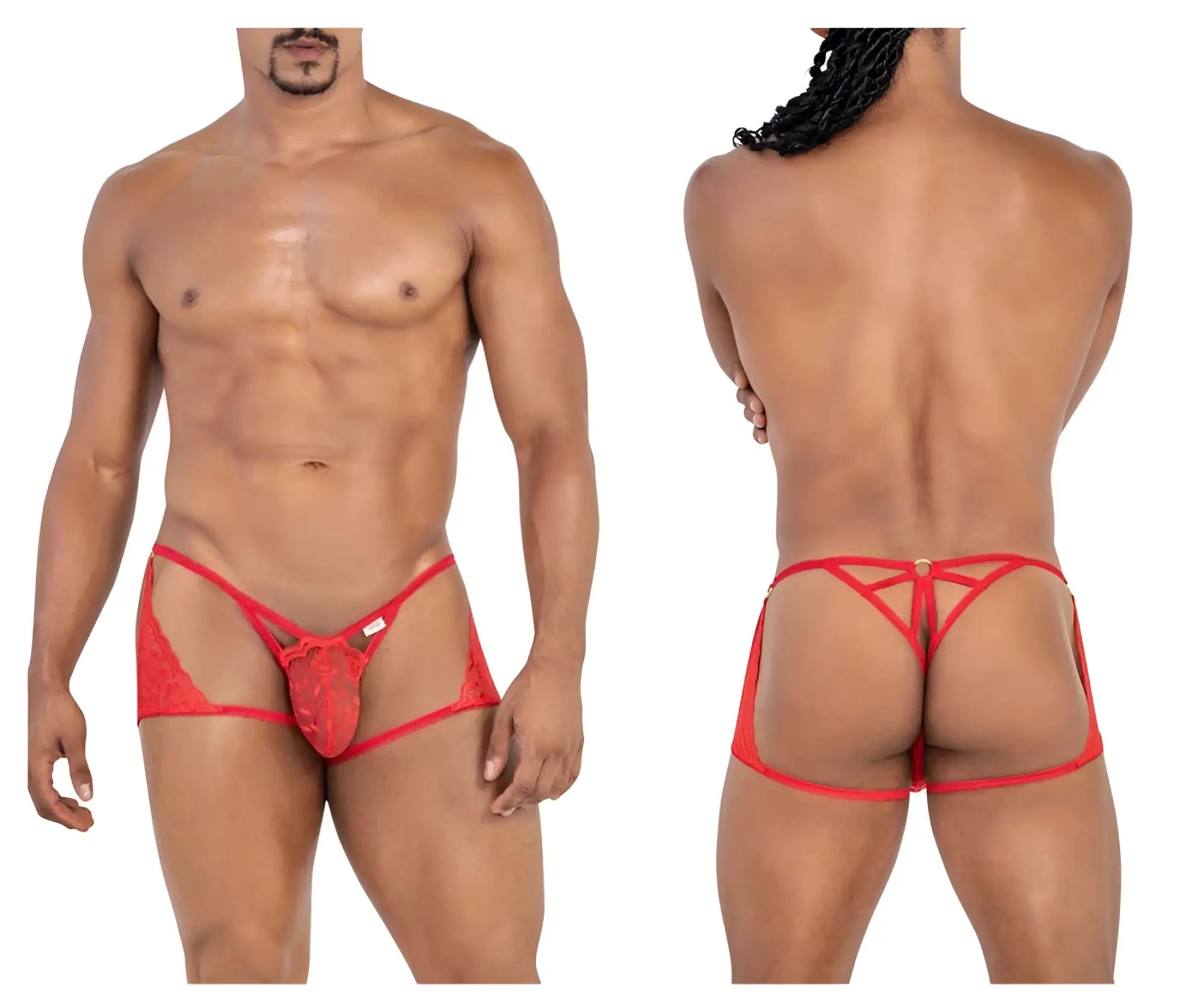 Red lace thong CandyMan 99773 with crisscross design and back straps showing the back side of the product