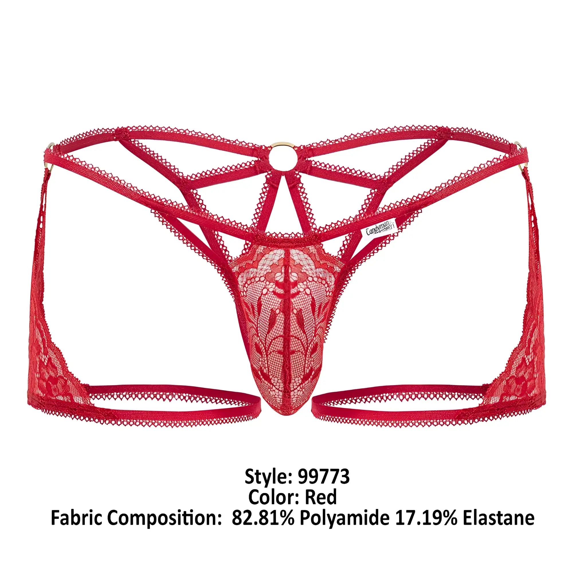 Red candyMan 99773 lace thong with intricate floral patterns and a central circular metal ring