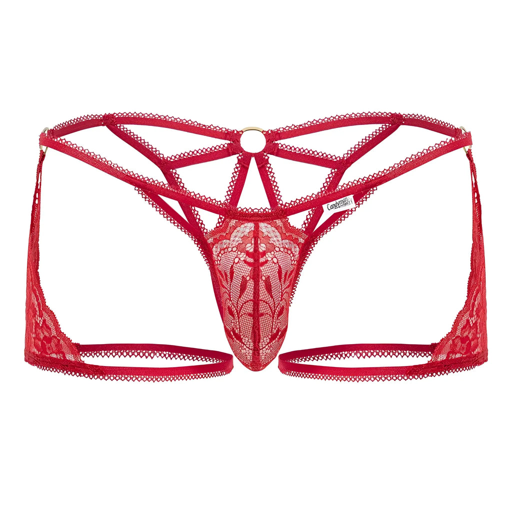 Back view of red Candyman 99773 lace thong with intricate floral patterns and a central circular ring detail