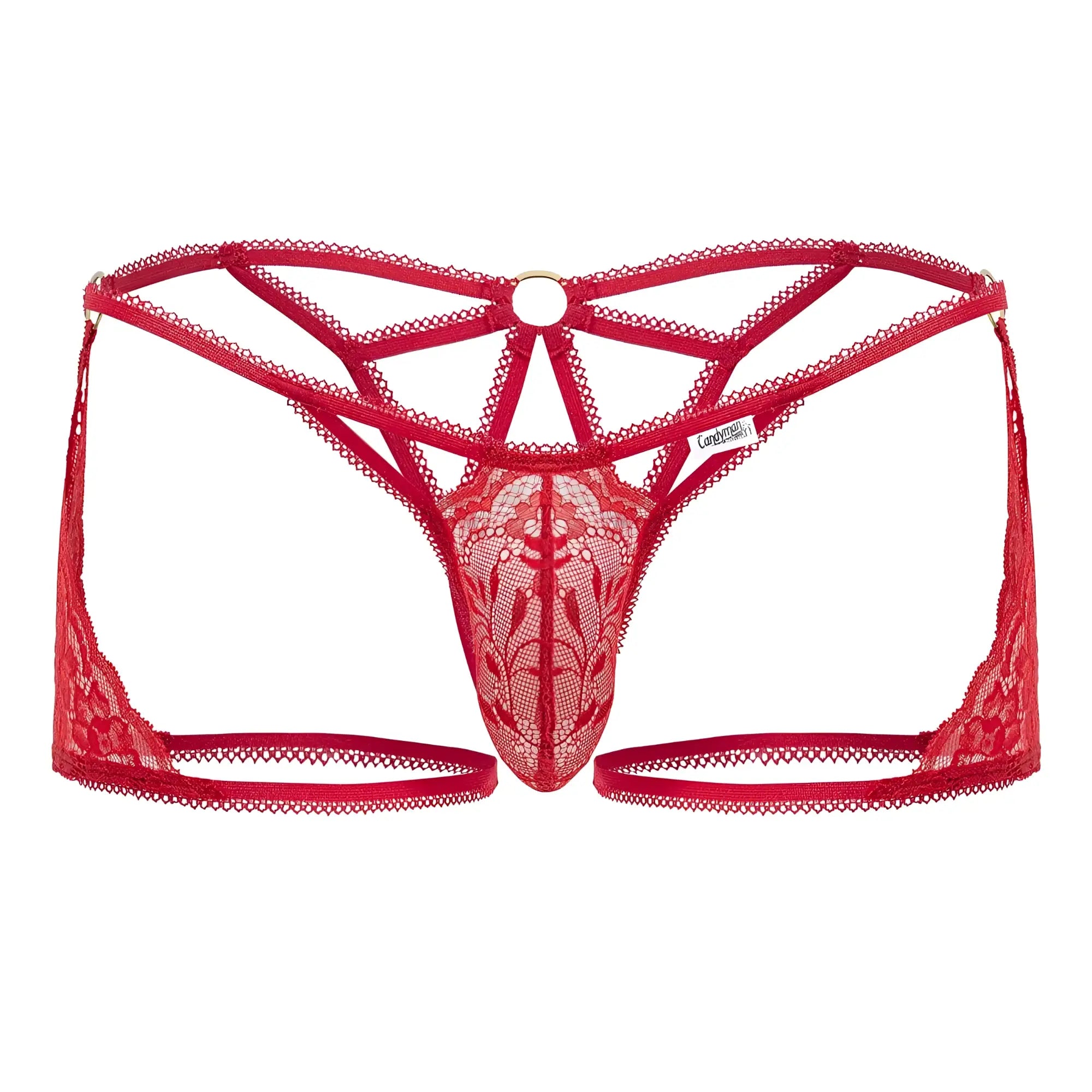 Back view of red Candyman 99773 lace thong with intricate floral patterns and a central circular ring detail