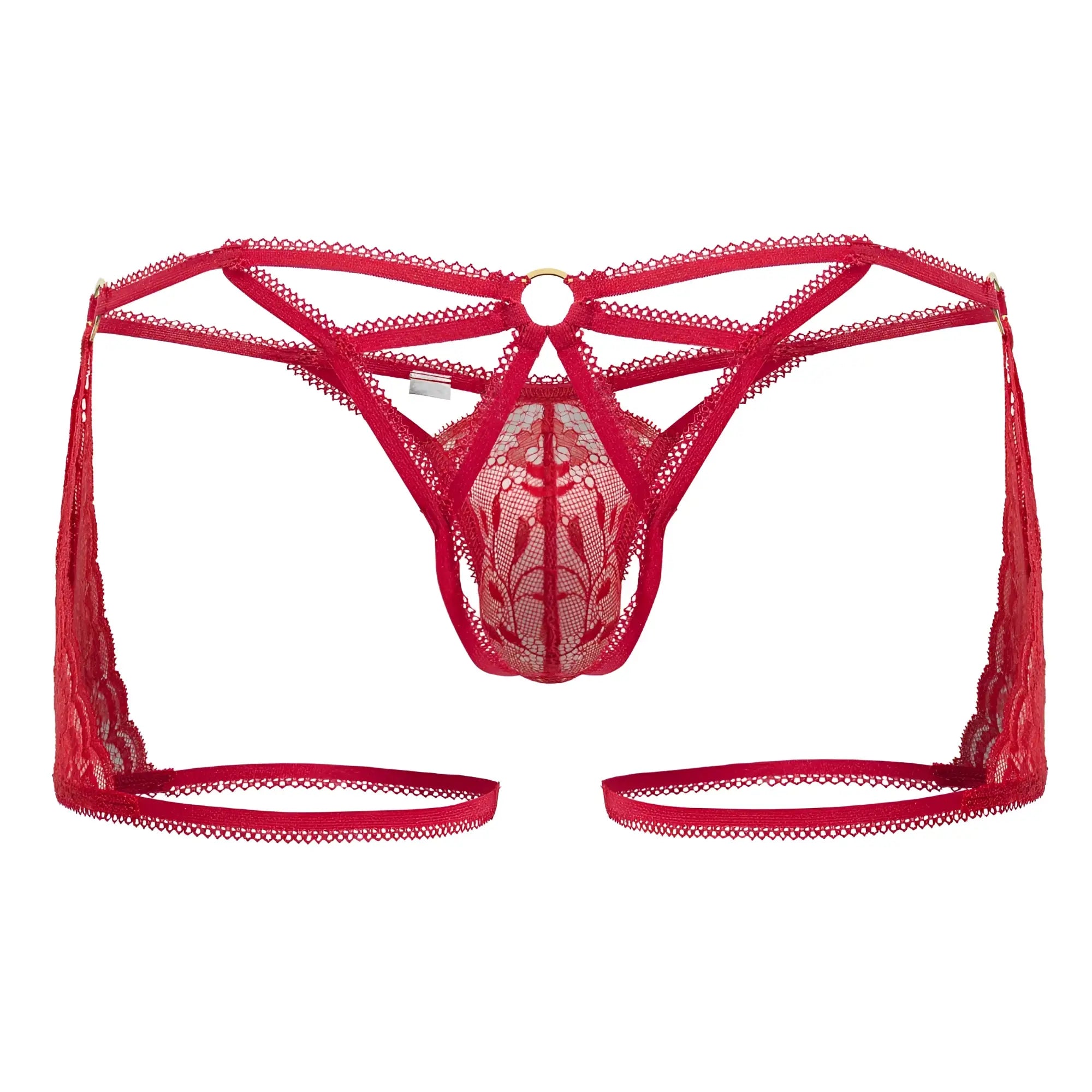 Red lace thong trunks with intricate floral patterns and adjustable straps from candyman 99773 in red color