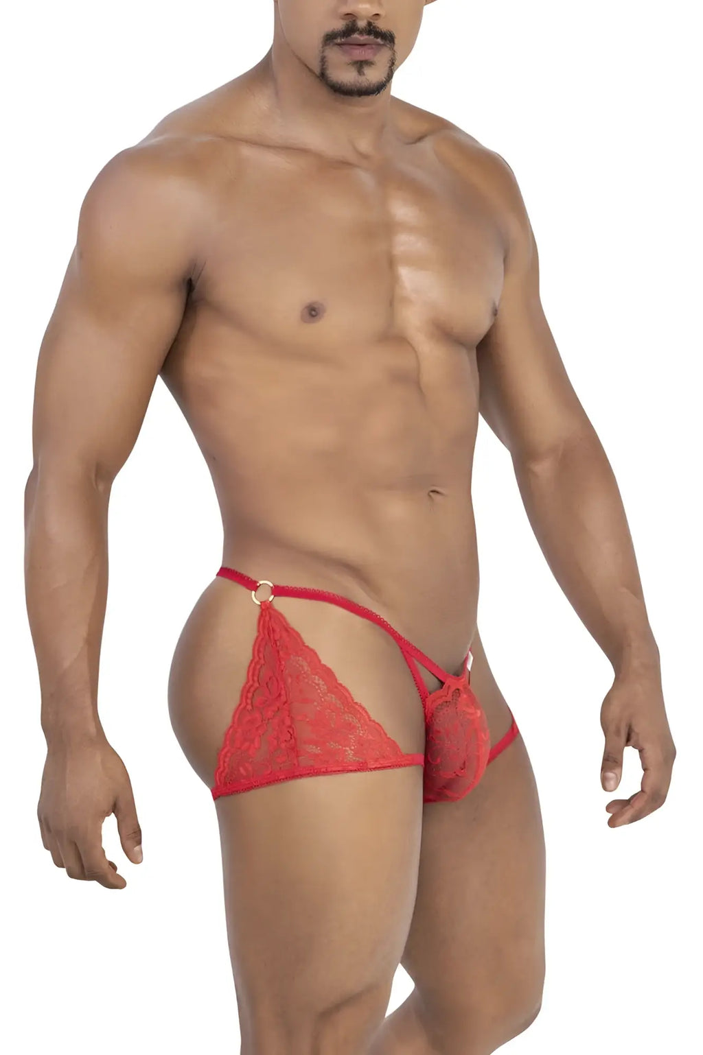 Back view of candyman 99773 red lace thong with scalloped edge and small circular metal ring detail