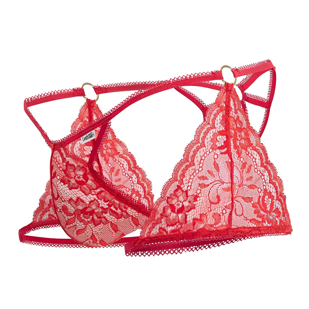 Red lace triangle bra with floral patterns and gold toned hardware from candyman 99773 lace trunks thongs color red