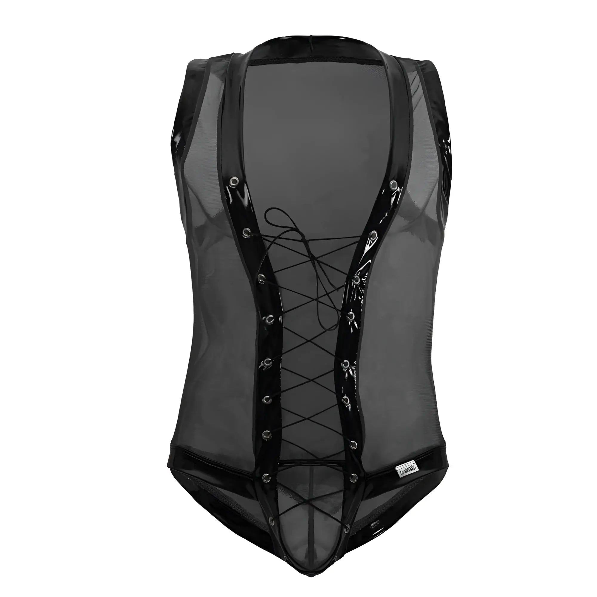 Black mesh CandyMan 99774 gladiator bodysuit with glossy black lace-up front and shiny trim details