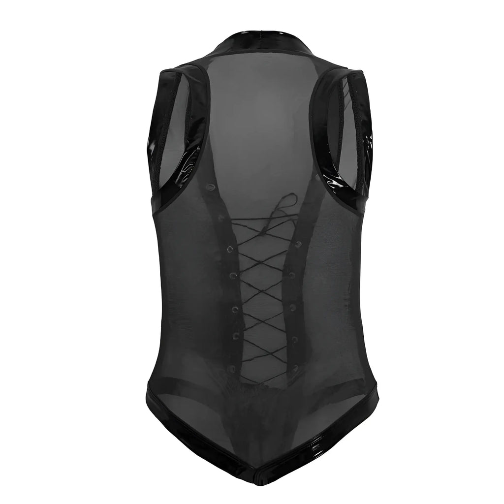 CandyMan 99774 gladiator bodysuit black black translucent mesh vest with glossy trim and lace-up front detail