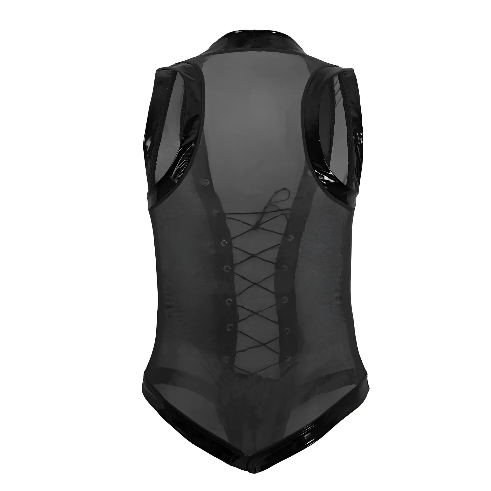 CandyMan 99774 gladiator bodysuit black black translucent mesh vest with glossy trim and lace-up front detail