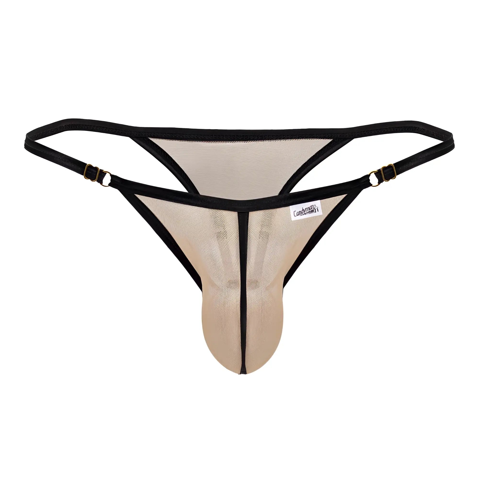Black and beige mesh thong with adjustable straps and gold-tone hardware by candyman 99776 in beige