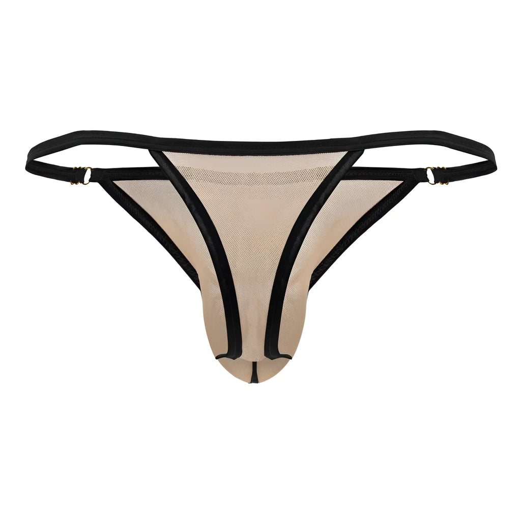 Beig mesh thong with black trim and adjustable straps from candyman 99776 featuring breathable material