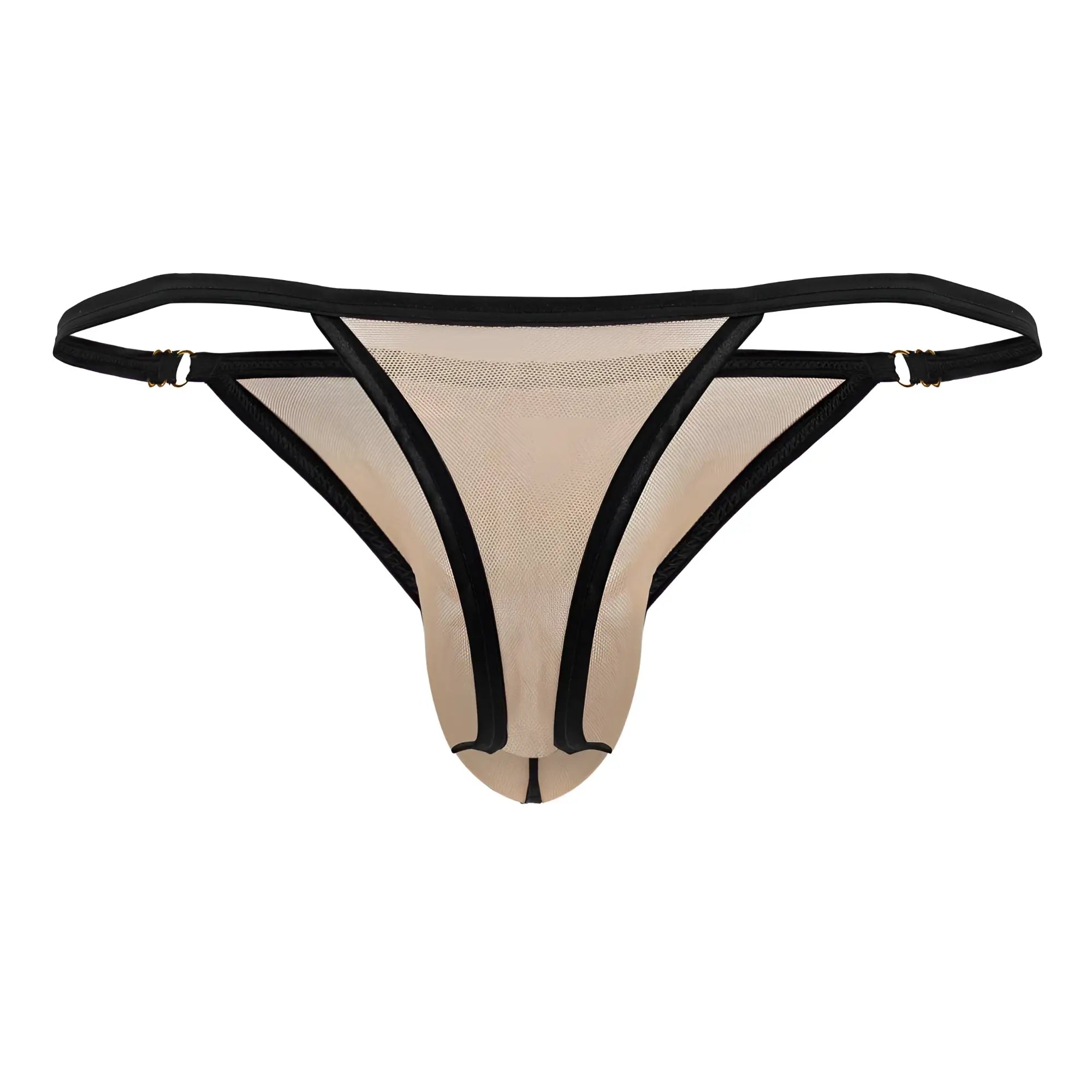 Beig mesh thong with black trim and adjustable straps from candyman 99776 featuring breathable material