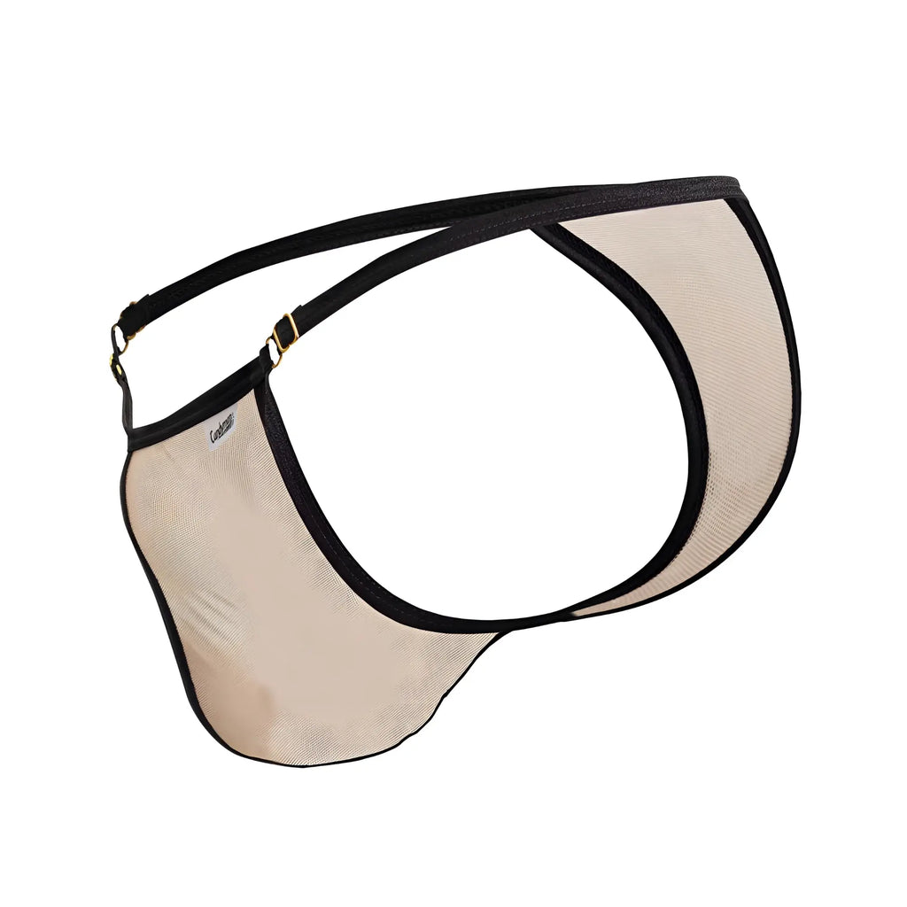 Beige mesh thong with black trim and gold-tone hardware from candyman 99776 collection visible from the front