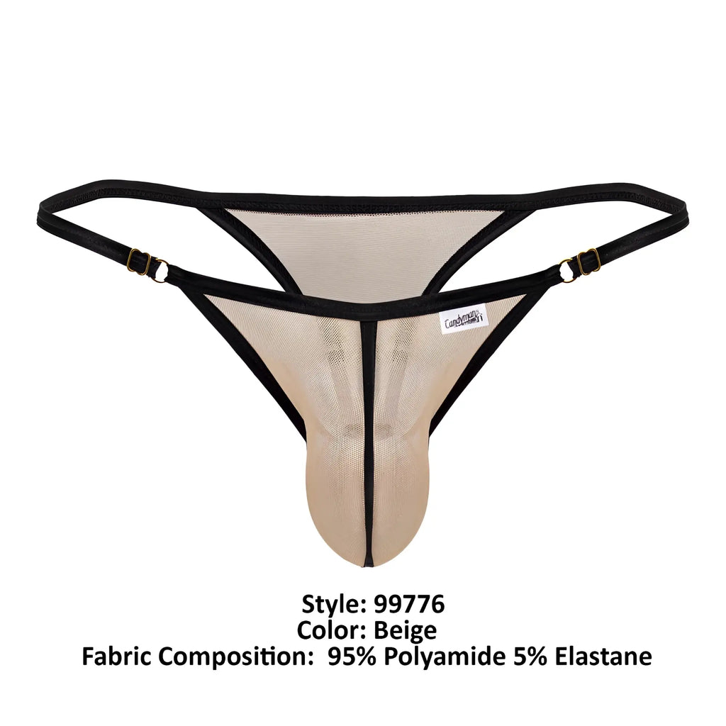 Beige candyMan 99776 mesh thong with black trim and gold-tone metal clasps showcasing front view