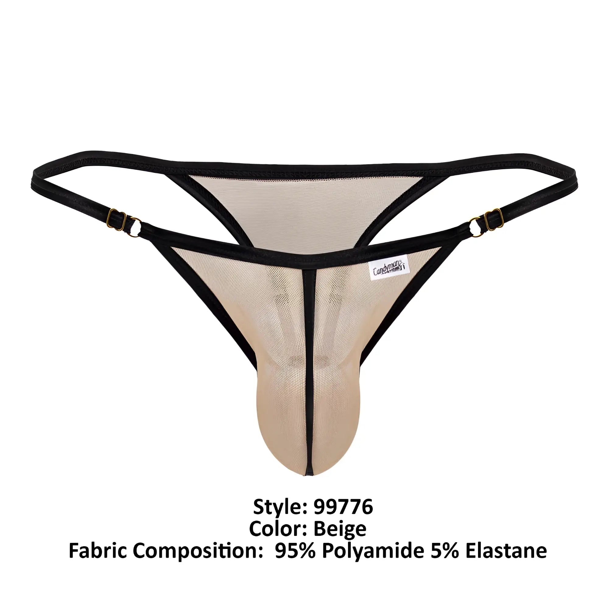 Beige candyMan 99776 mesh thong with black trim and gold-tone metal clasps showcasing front view