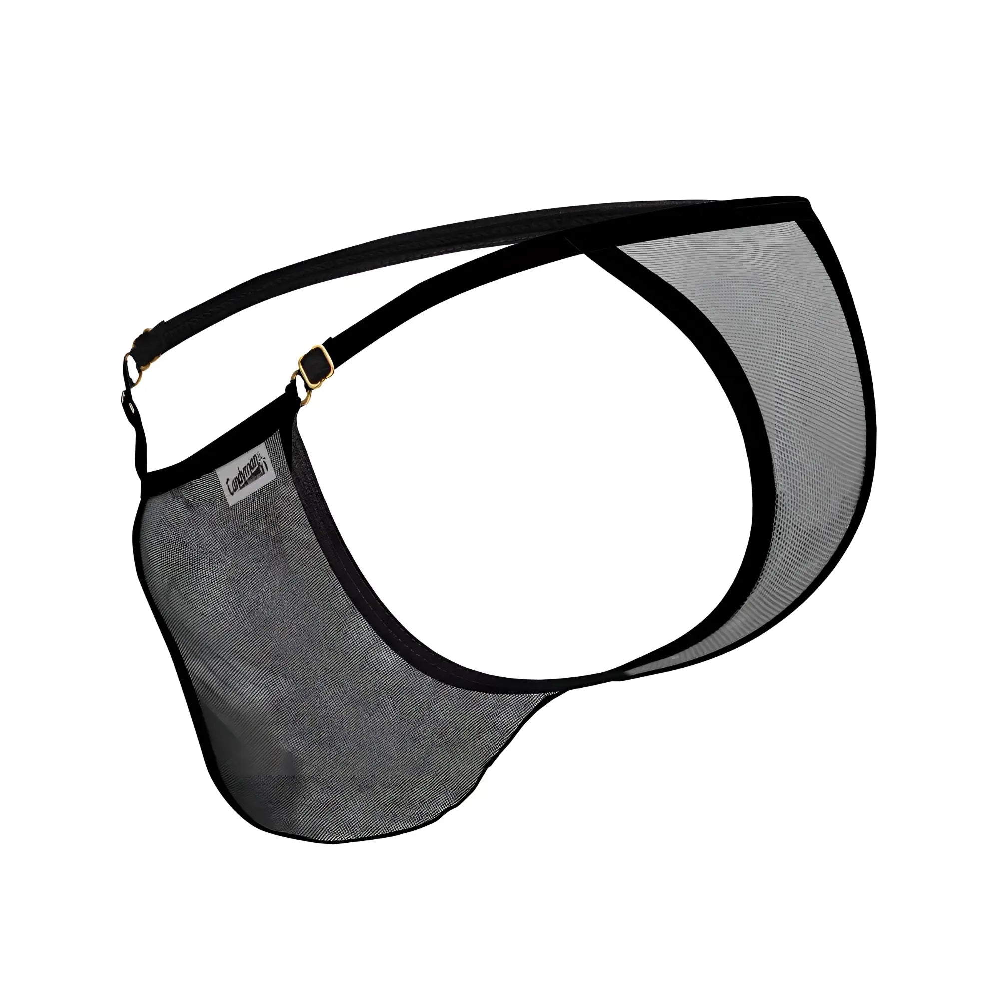 CandyMan 99776 mesh thongs in black feature a sleek, form-fitting design with gold-toned hardware accents