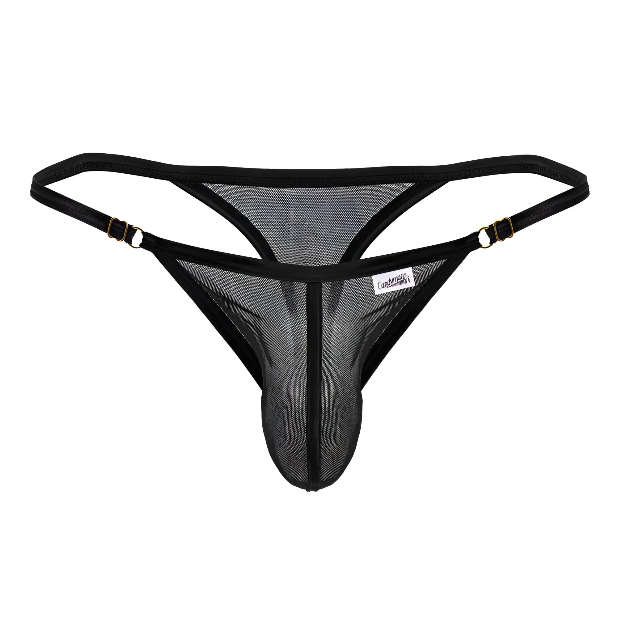 Black mesh thong candy man 99776 with adjustable straps and gold tone metal clasps