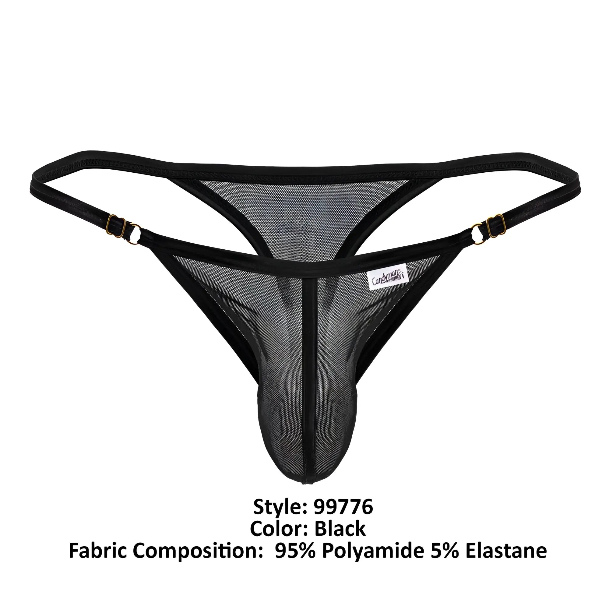 Black mesh thong with black elastic straps and gold-tone metal clasps candyMan 99776 mesh thongs color black