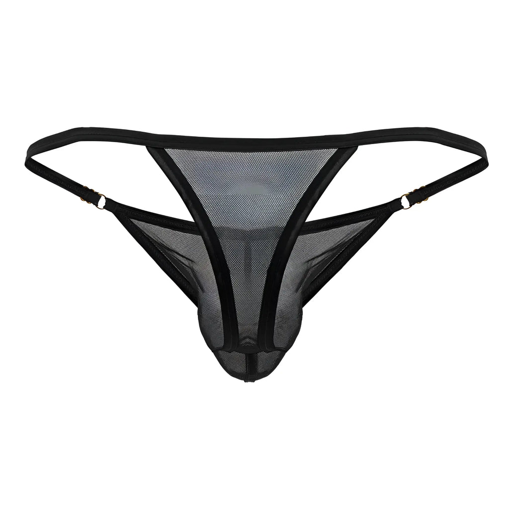 Black mesh thong candy man 99776 with reinforced elastic straps and metallic clasps in black color