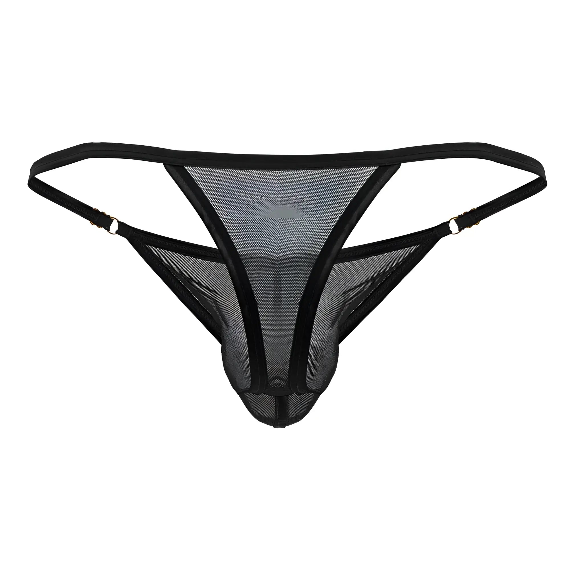 Black mesh thong candy man 99776 with reinforced elastic straps and metallic clasps in black color