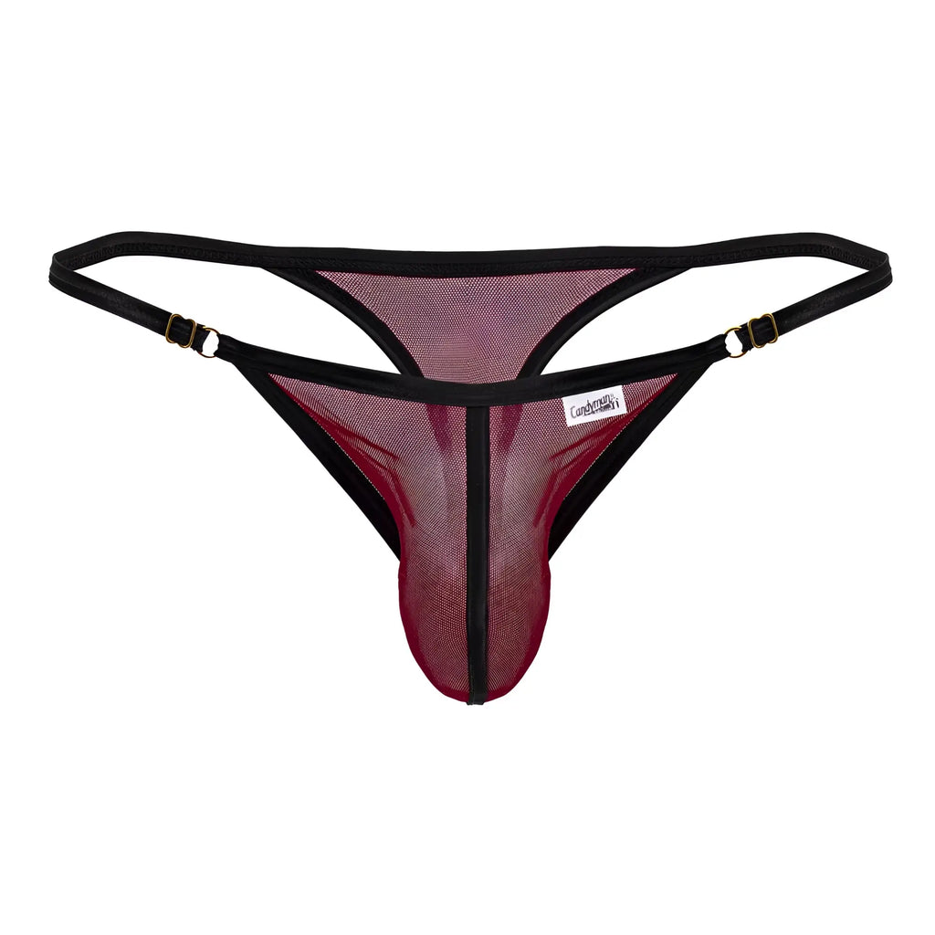 CandyMan 99776 mesh thong in black and maroon with adjustable straps and gold-tone clasps
