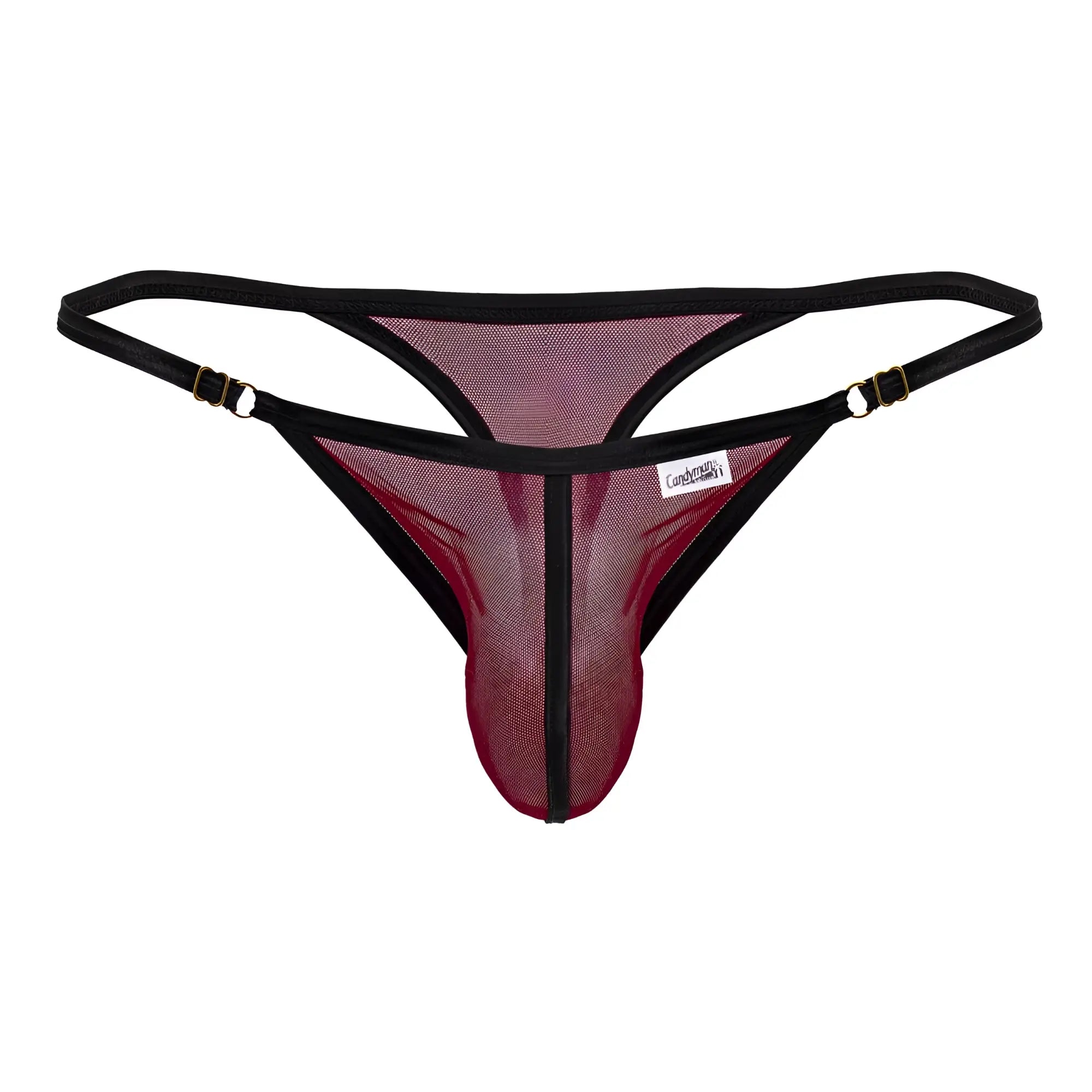 CandyMan 99776 mesh thong in black and maroon with adjustable straps and gold-tone clasps