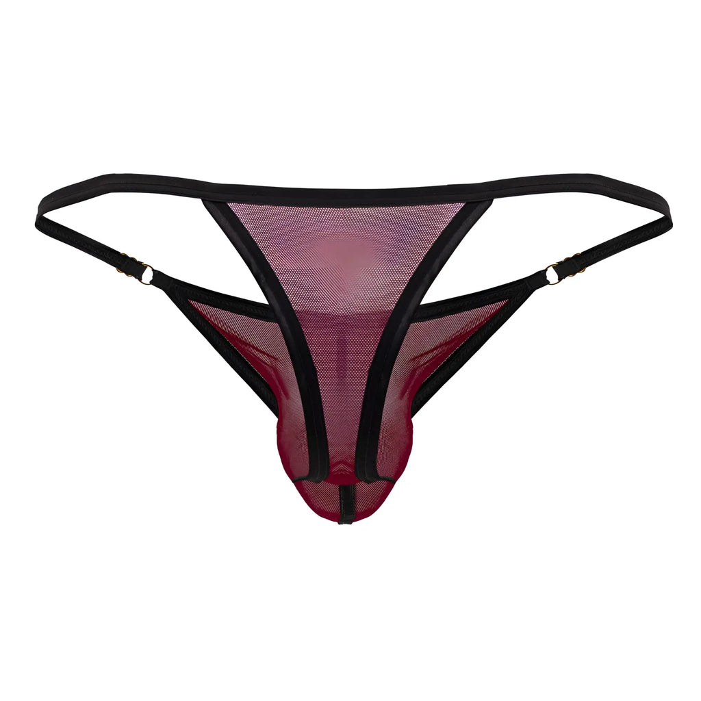 CandyMan 99776 burgundy mesh thong with black reinforced trim showcasing the back side of the design
