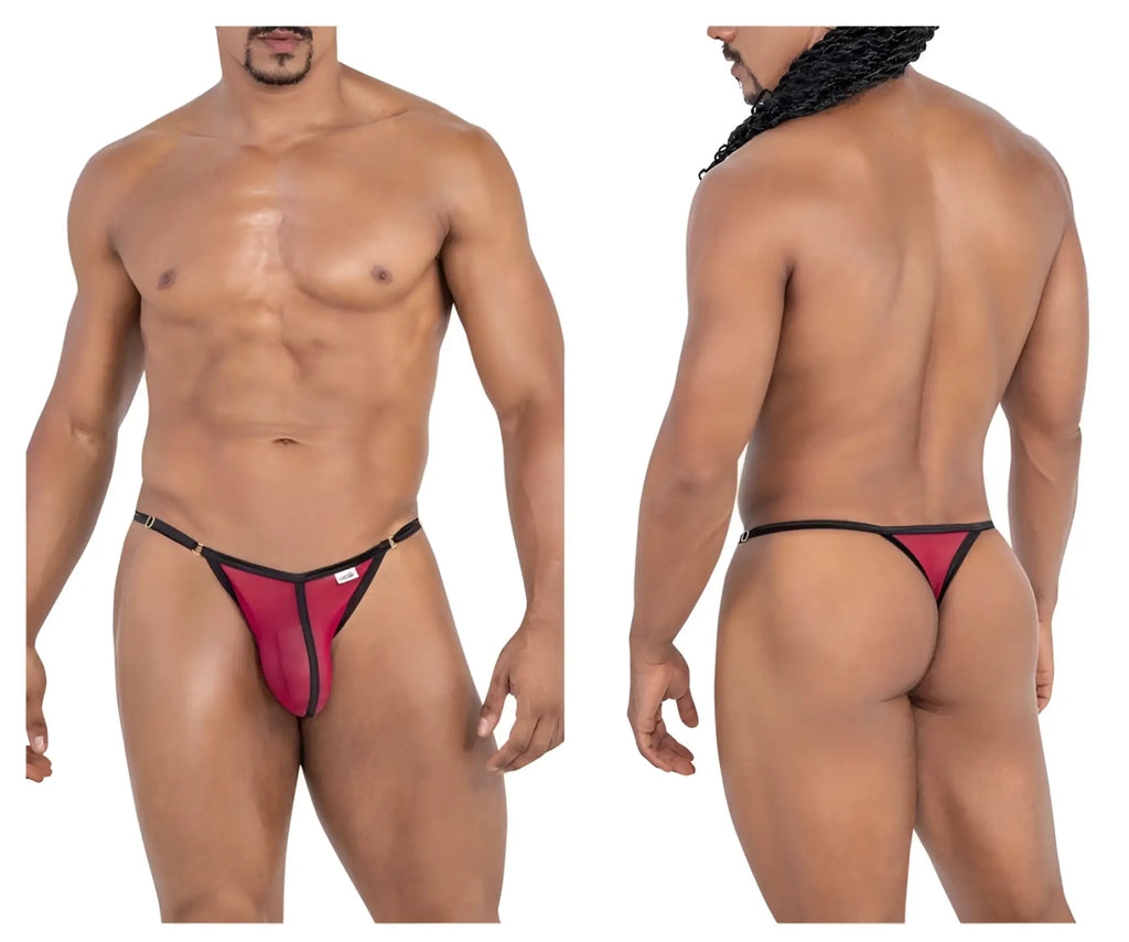 Red and black CandyMan 99776 mesh thong with sleek form-fitting design in burgundy shown from the back side