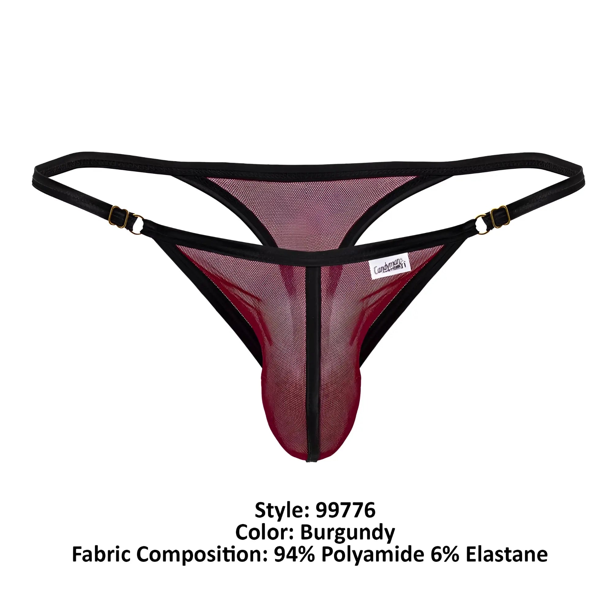 Burgundy candyMan 99776 mesh thong with black trim and gold tone hardware showcasing front design