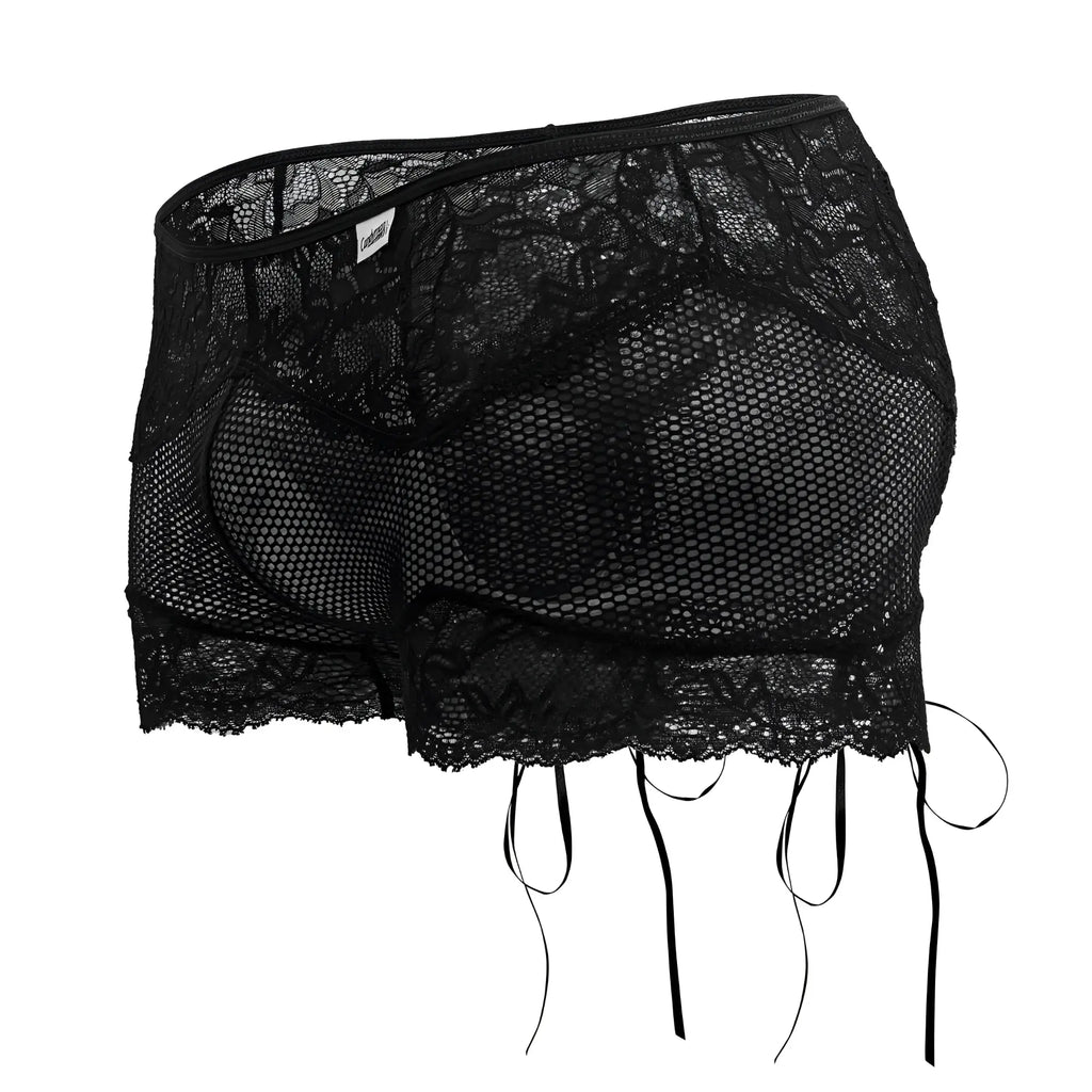 CandyMan 99779 black mesh lace trunks with adjustable side ties showcasing delicate lingerie shorts design