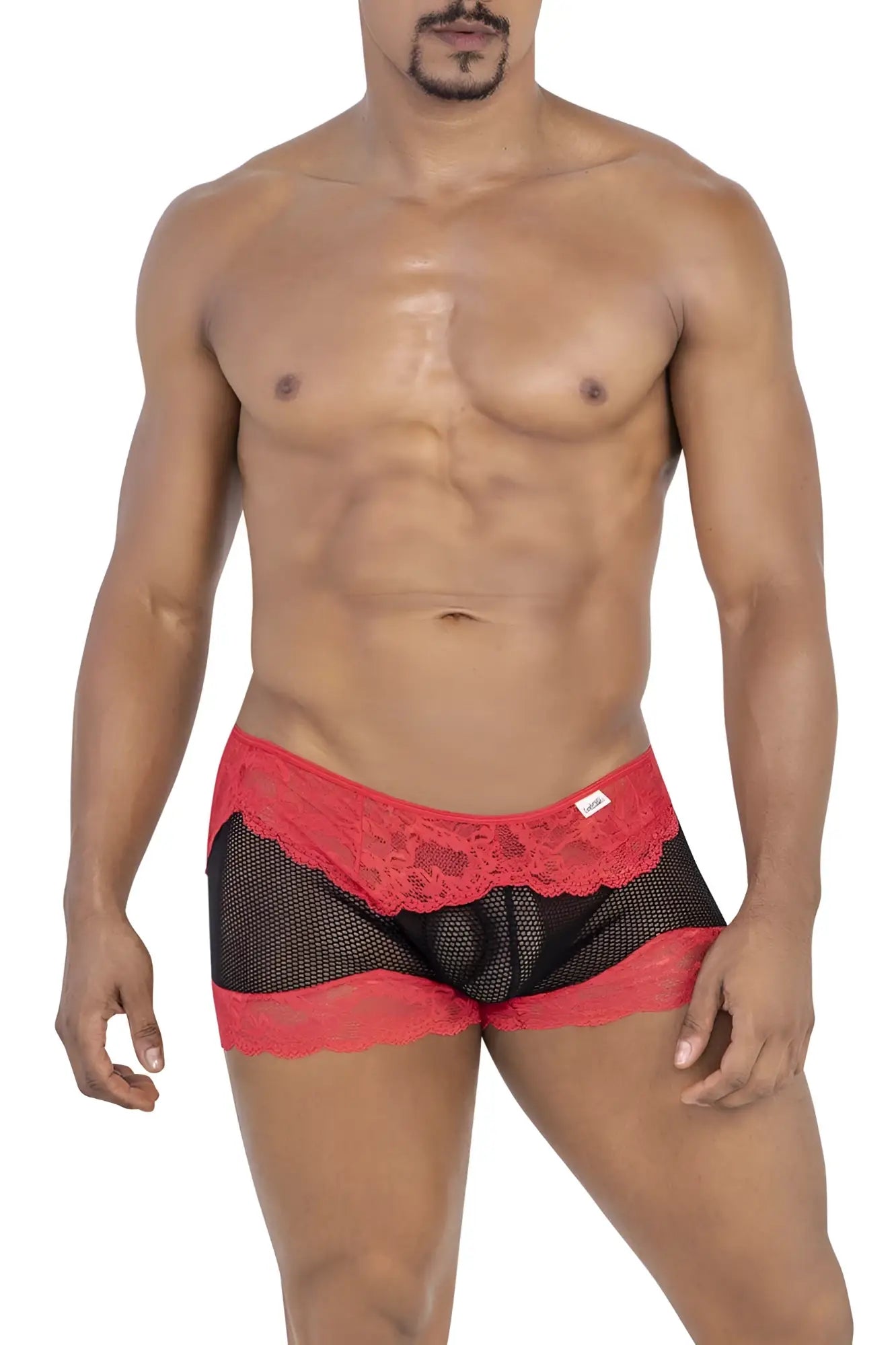 Red and black mesh lace trunks by candyman featuring red mesh briefs with black lace trim for a stylish look