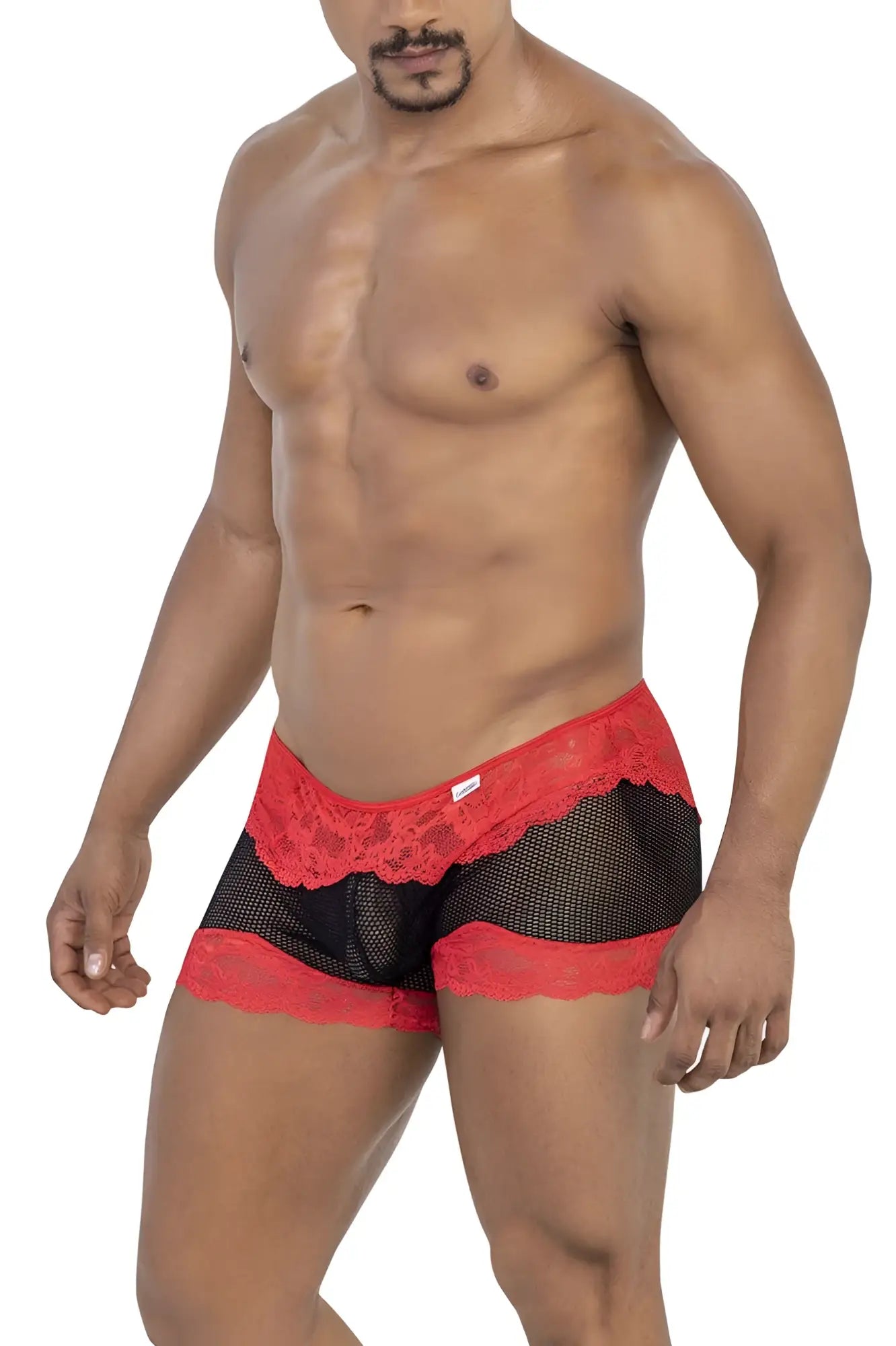 Candyman 99779 mesh lace trunks black red and black lace-trimmed mesh briefs front view