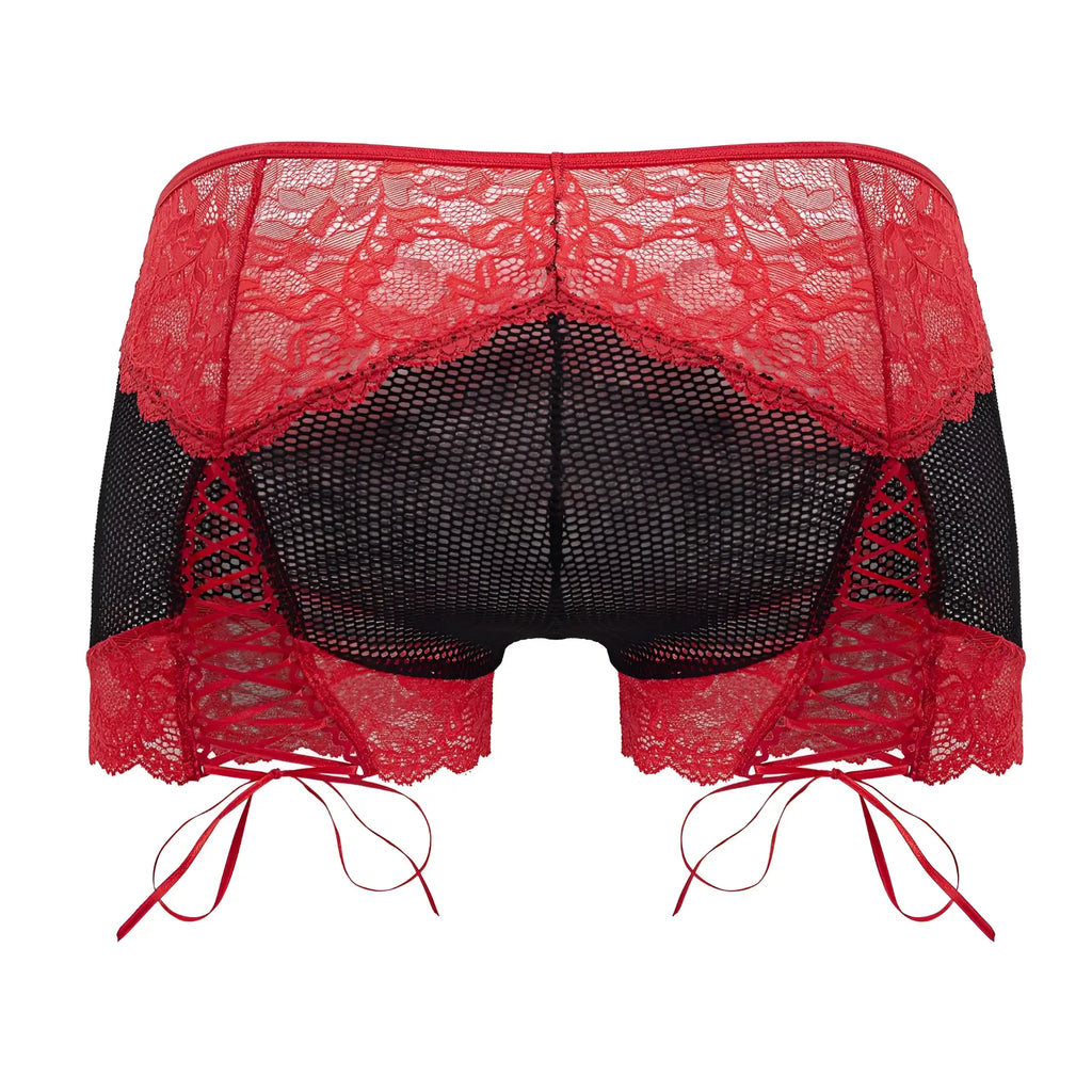 Candyman 99779 black and red mesh lace trunks with adjustable side ties and lace trim briefs front view