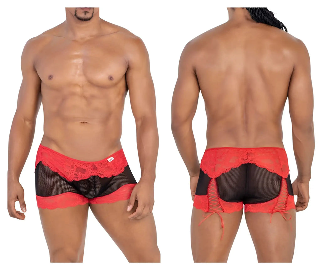 Red lace-trimmed mesh briefs with black panels and side ties candyMan 99779 mesh lace trunks color black