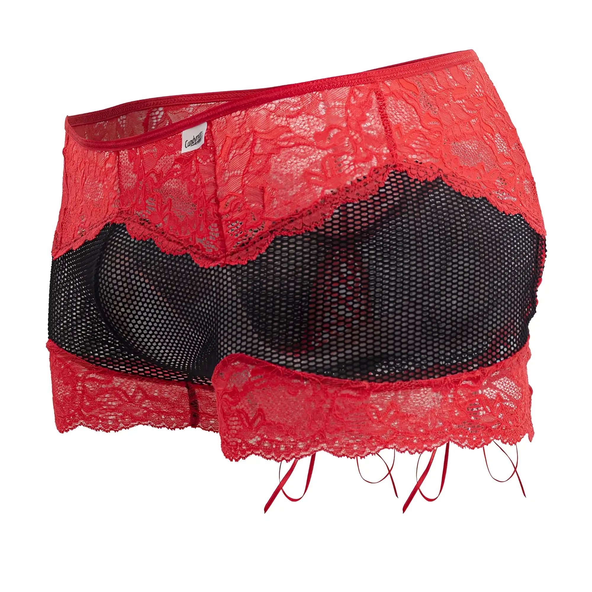 CandyMan 99779 mesh lace trunks in black and red featuring scalloped edges and lace-trimmed mesh briefs