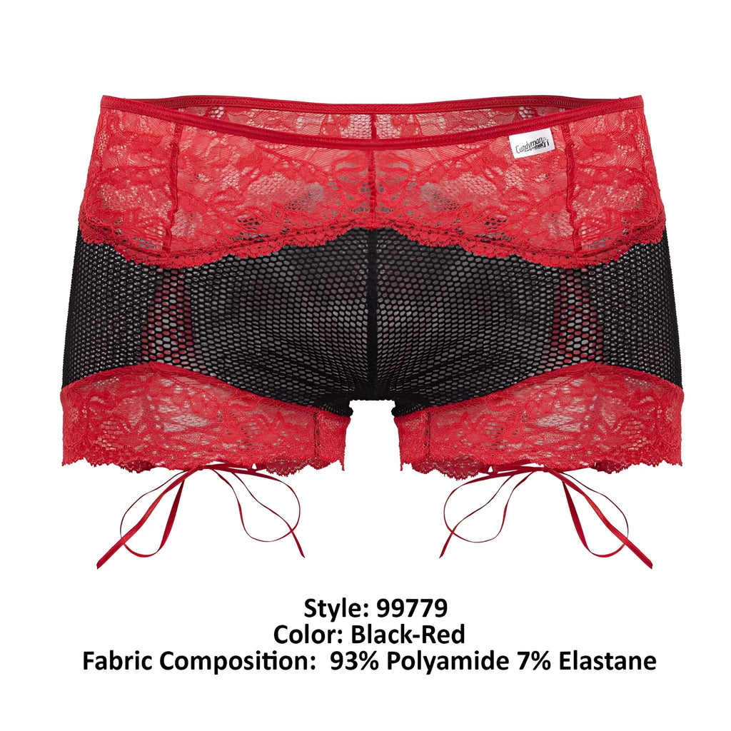 Candyman 99779 black and red mesh lace trunks with red tie strings and lace trim on shorts front