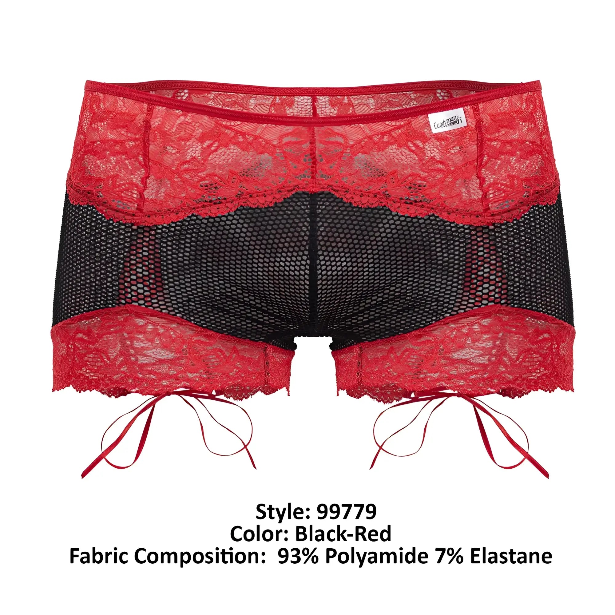 Candyman 99779 mesh lace trunks black feature red and black lace-trimmed mesh shorts with matching red tie strings