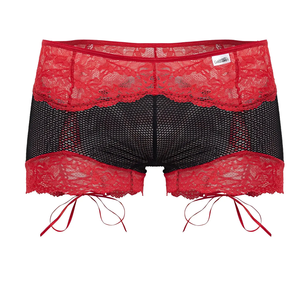 CandyMan 99779 black and red mesh lace trunks with lace trim and red ribbon ties for stylish comfort