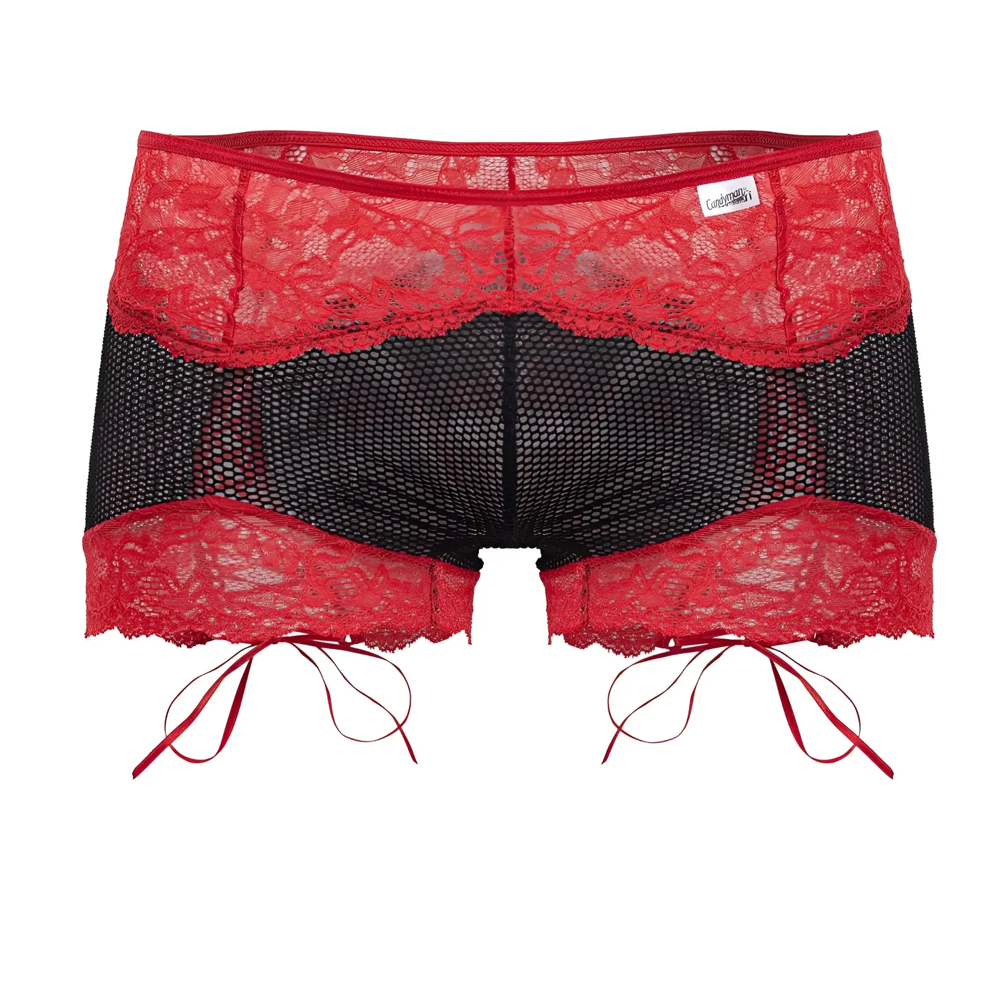 CandyMan 99779 black and red mesh lace trunks with lace trim and red ribbon ties for stylish comfort