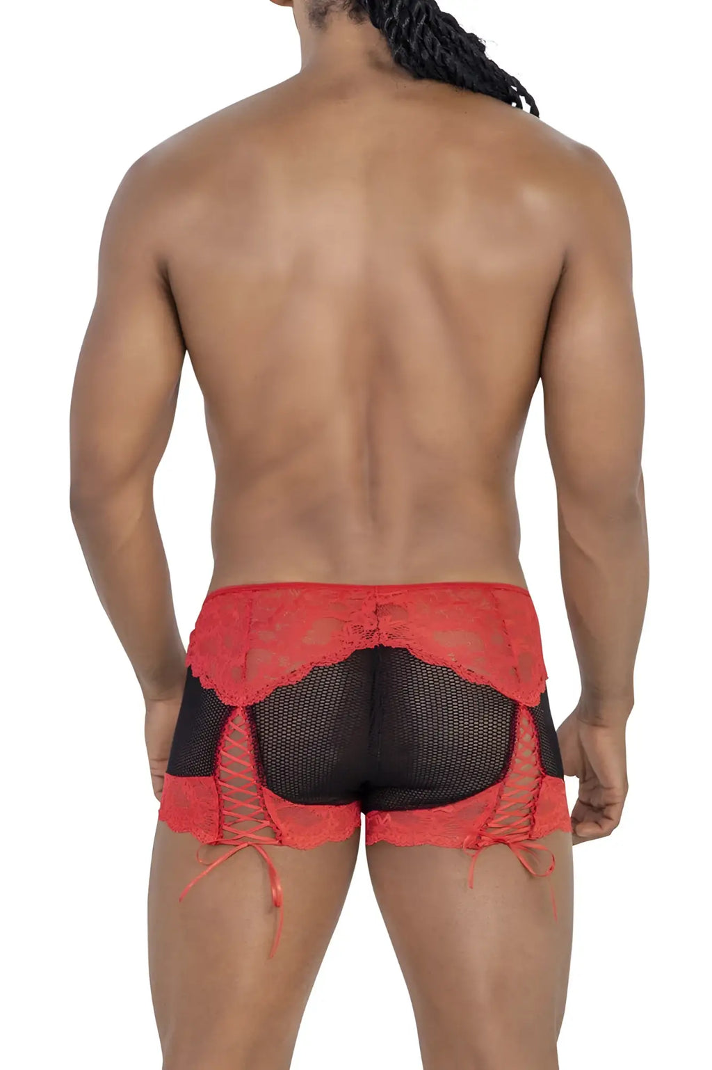 Red lace-trimmed mesh briefs with side ties from CandyMan 99779 in black and red mesh lace trunks design