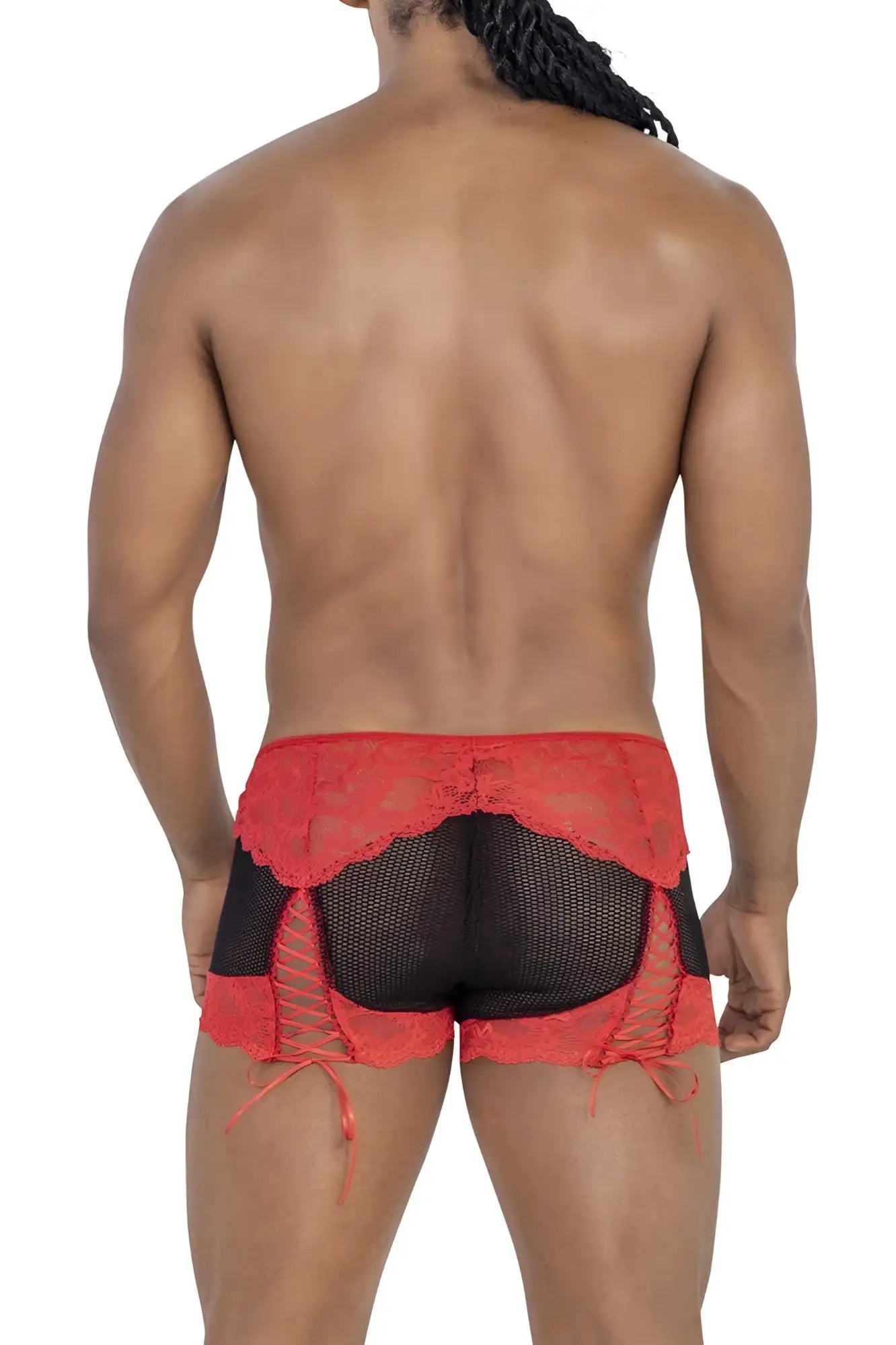 Red lace-trimmed mesh briefs with side ties from CandyMan 99779 in black and red mesh lace trunks design