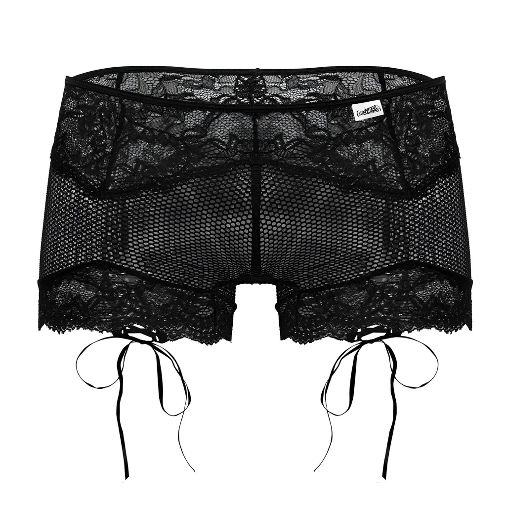Black candy man 99779 mesh lace trunks with side ties and mesh panel designed as stylish lace shorts