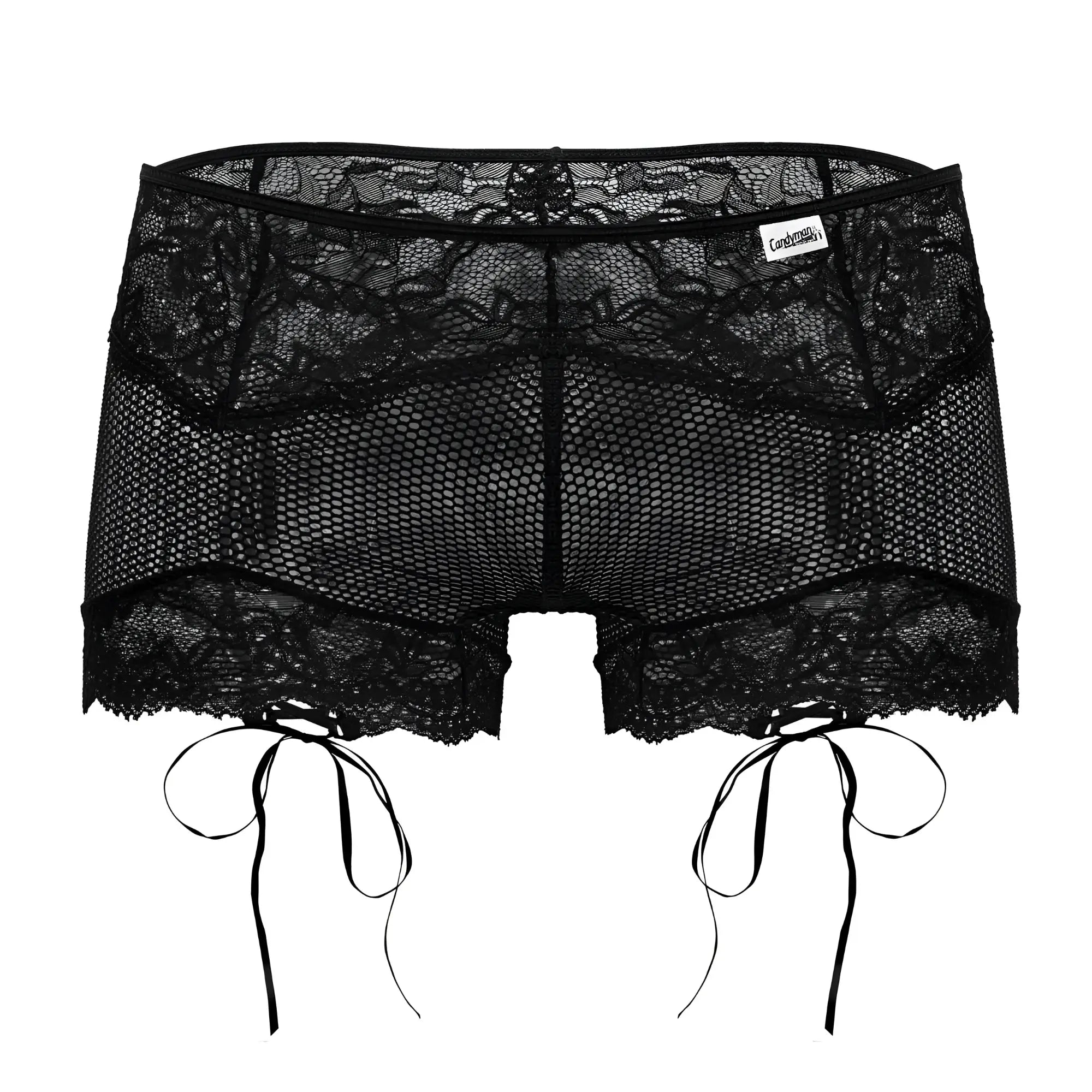 Black candy man 99779 mesh lace trunks with side ties and mesh panel designed as stylish lace shorts