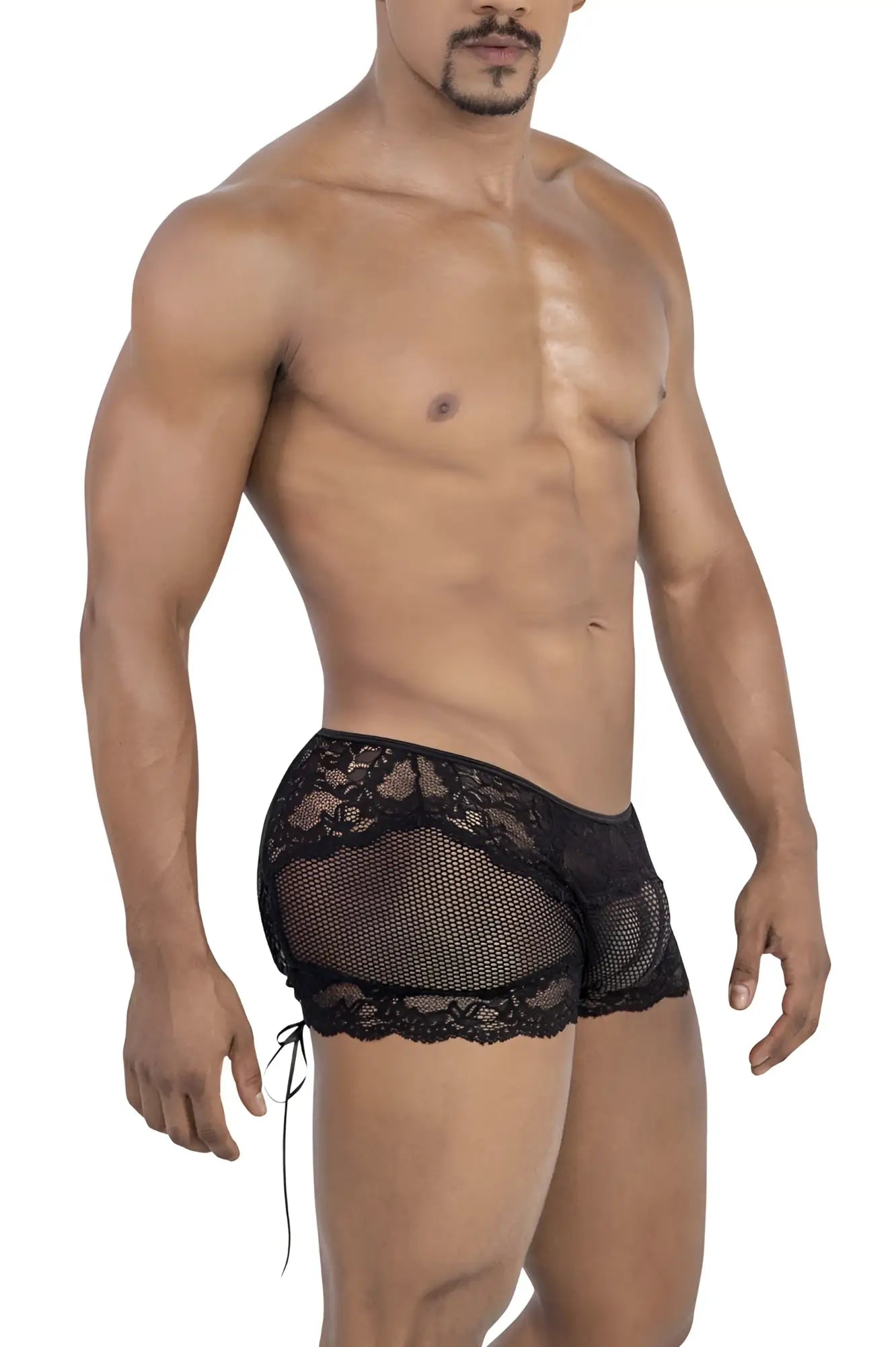 Black candyMan 99779 mesh lace trunks with sheer lace trim and side ties in delicate breathable fabric