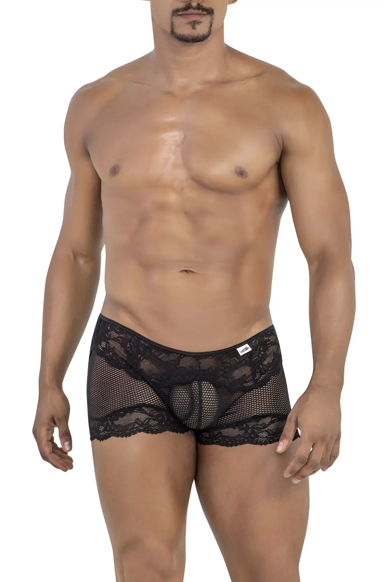 Black CandyMan 99779 mesh lace trunks with lace trim and breathable sheer mesh fabric for comfortable wear