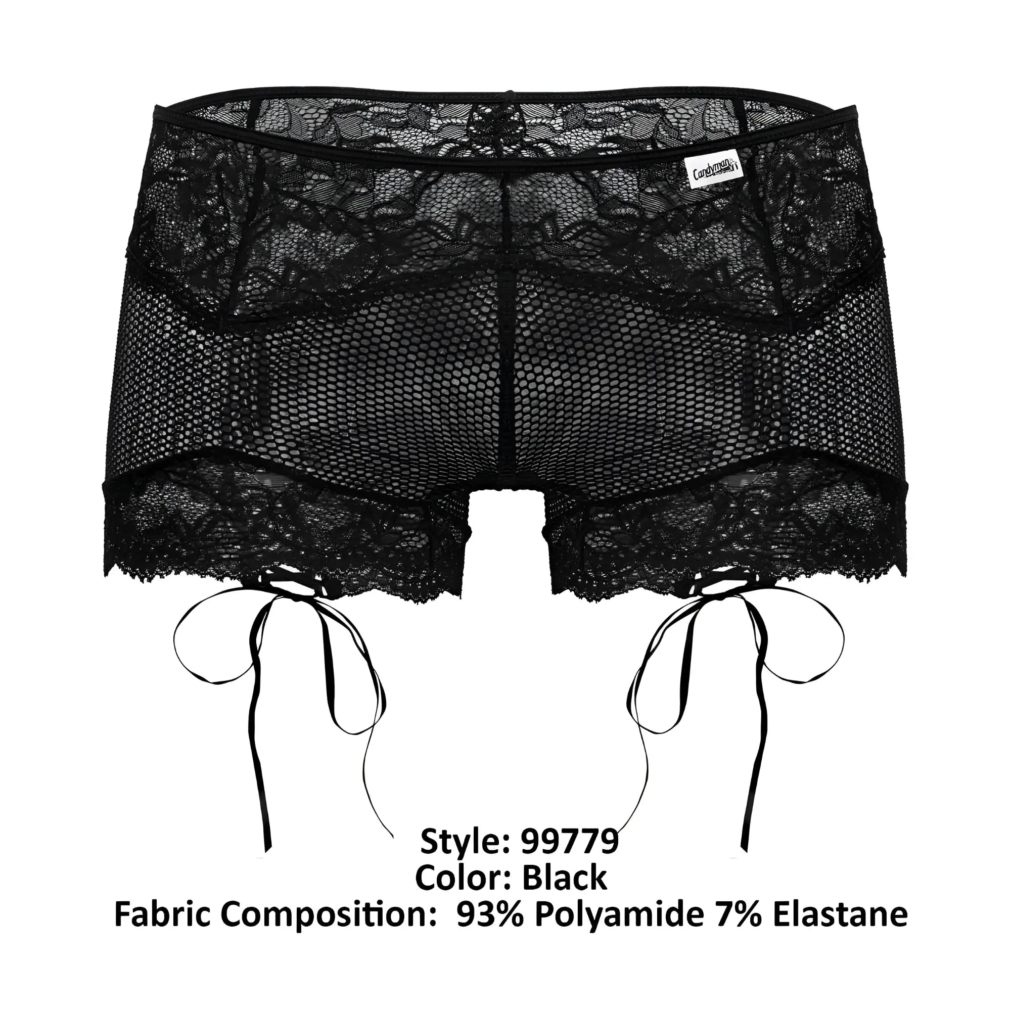 Black candyMan 99779 mesh lace trunks with adjustable side ties and lace trim in a breathable design