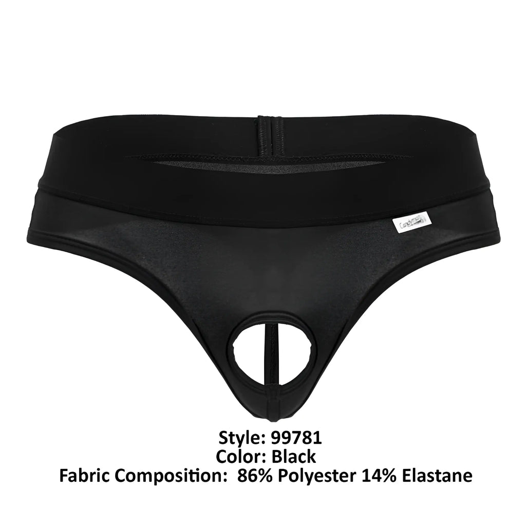 CandyMan 99781 Protuder black thong for men with central cutout elastic waistband made from 86 polyester 14 elastane